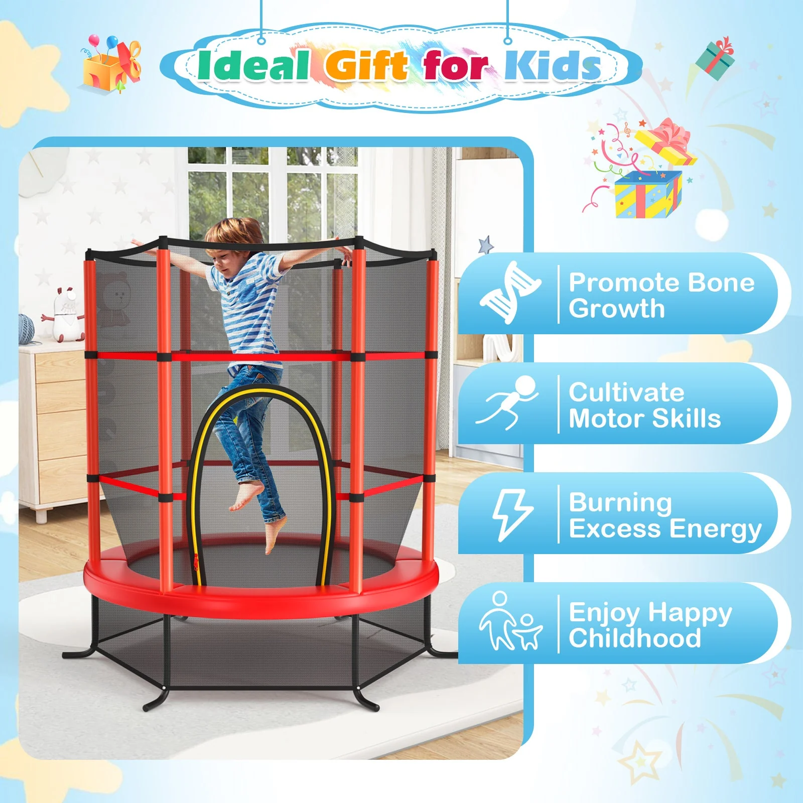 55 Inch Kids Recreational Trampoline Bouncing Jumping Mat with Enclosure Net-Red - Image 4