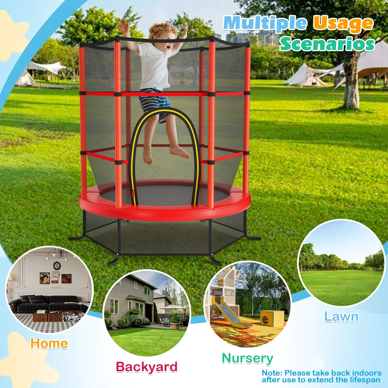55 Inch Kids Recreational Trampoline Bouncing Jumping Mat with Enclosure Net-Red - Image 5