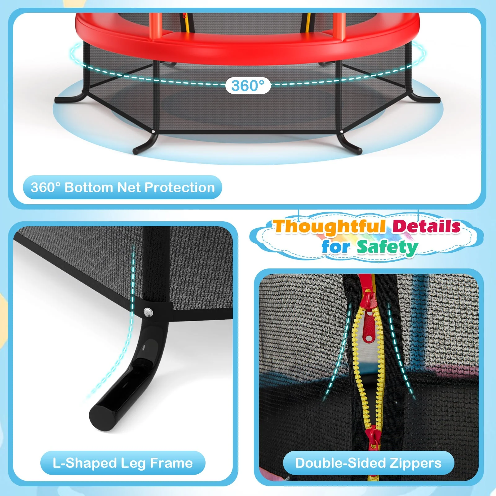 55 Inch Kids Recreational Trampoline Bouncing Jumping Mat with Enclosure Net-Red - Image 6