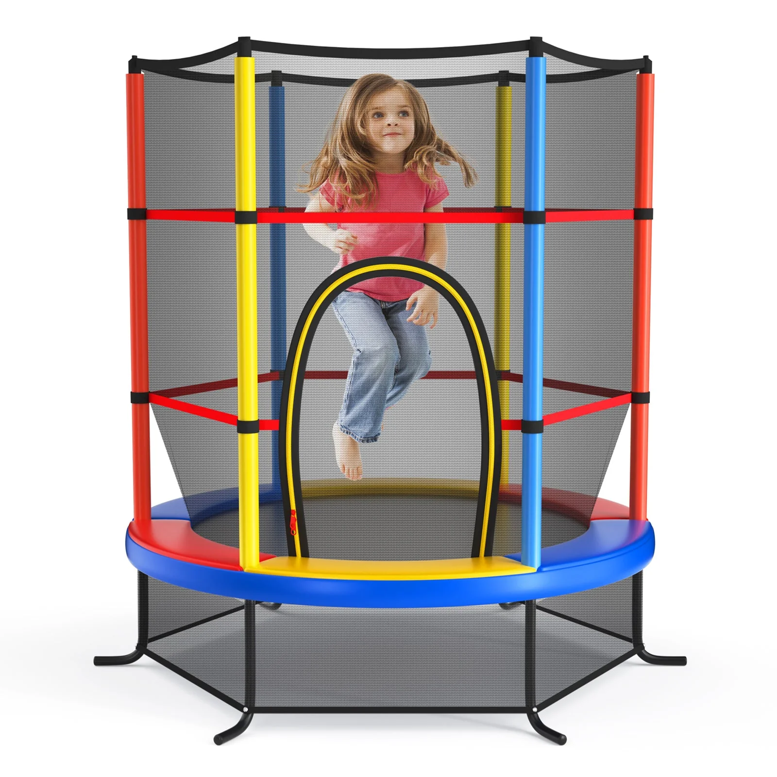 55 Inch Kids Recreational Trampoline Bouncing Jumping Mat with Enclosure Net-Yellow - Image 2