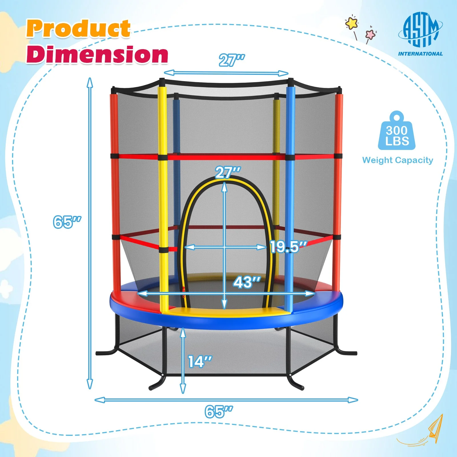 55 Inch Kids Recreational Trampoline Bouncing Jumping Mat with Enclosure Net-Yellow - Image 3