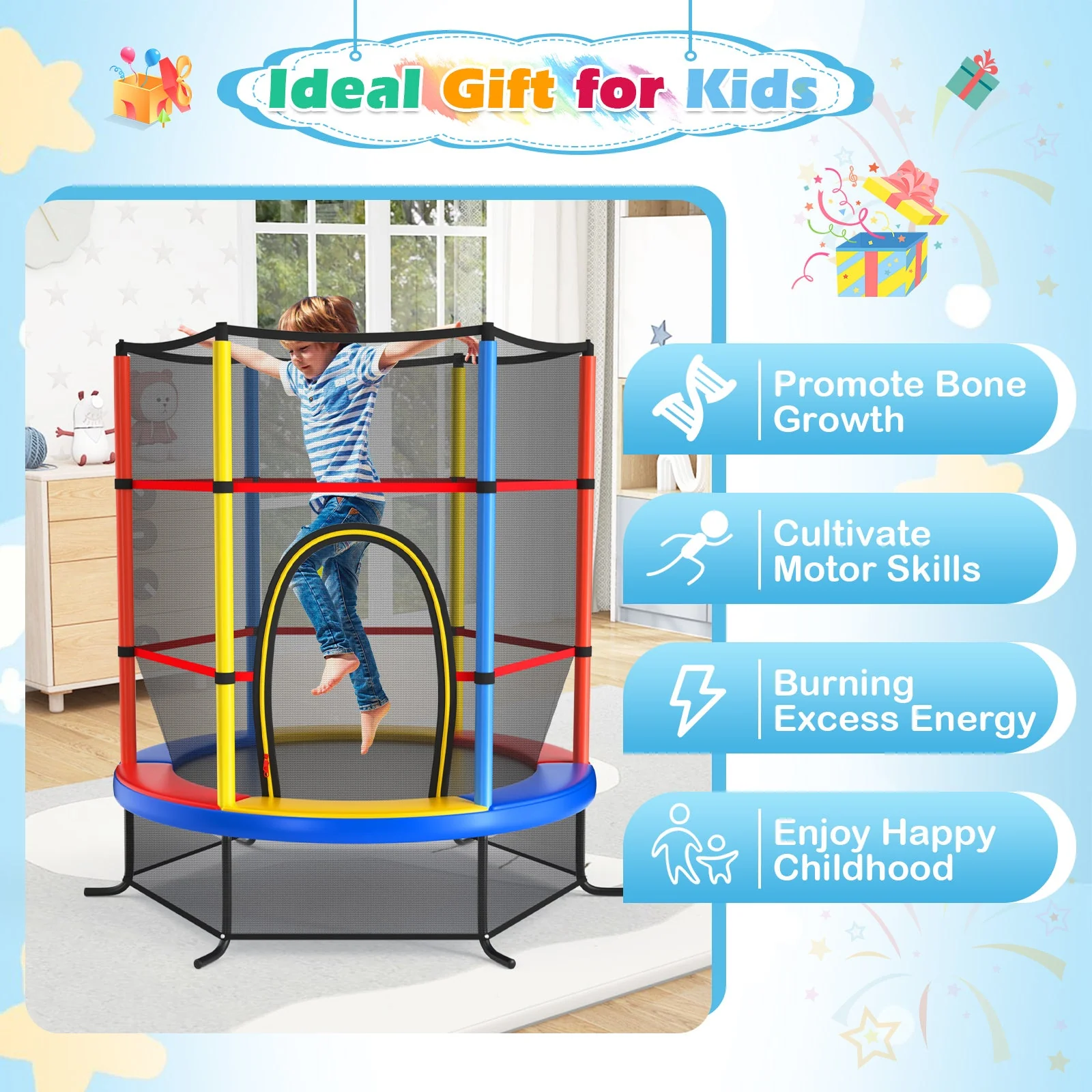 55 Inch Kids Recreational Trampoline Bouncing Jumping Mat with Enclosure Net-Yellow - Image 4