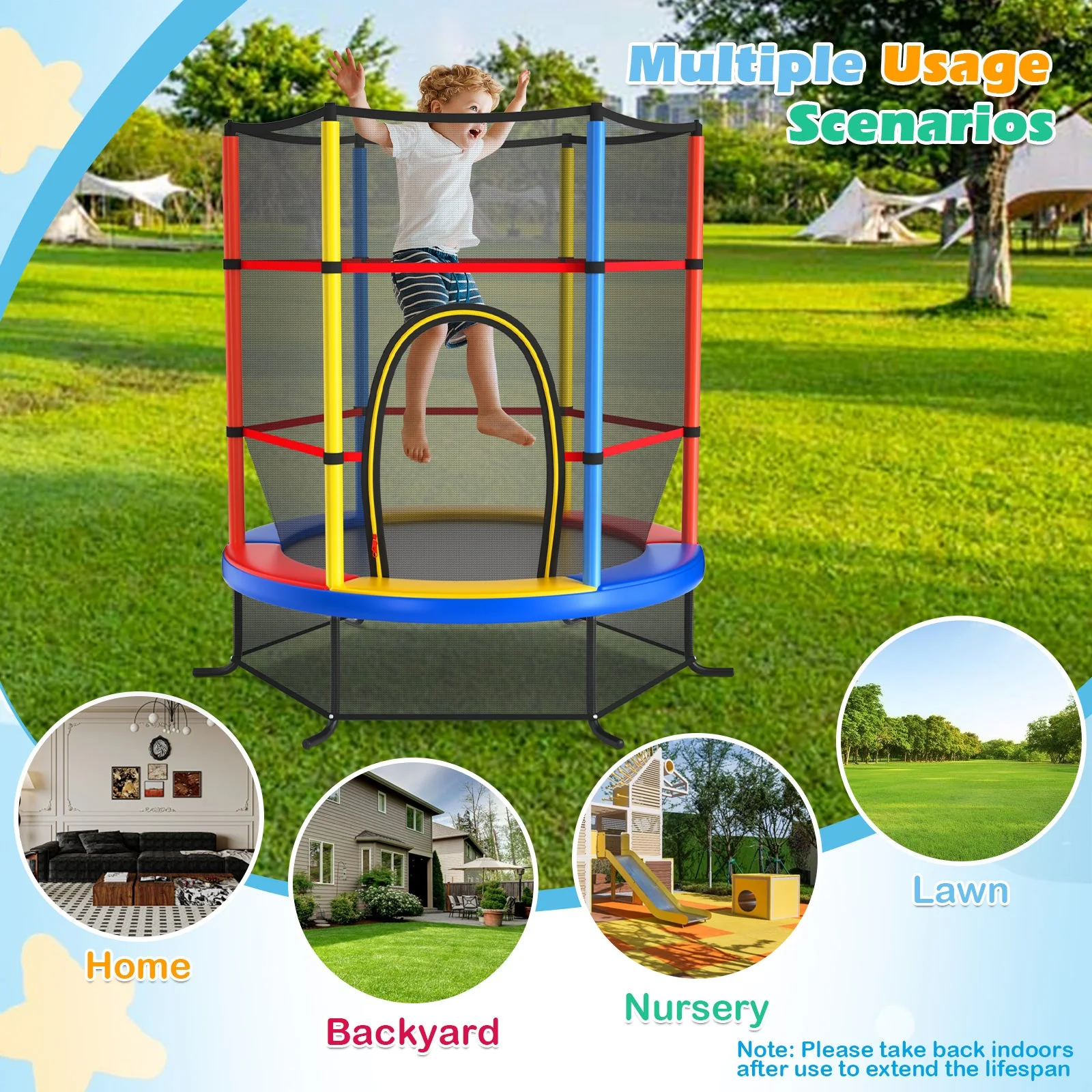 55 Inch Kids Recreational Trampoline Bouncing Jumping Mat with Enclosure Net-Yellow - Image 5