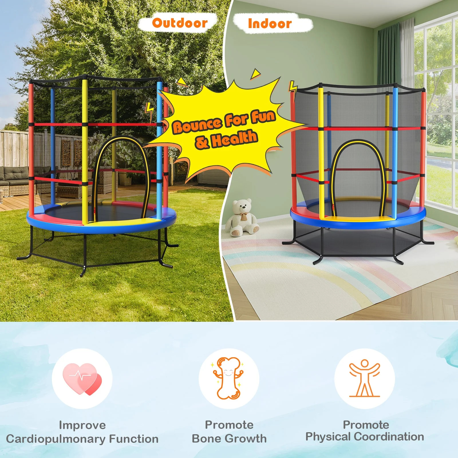 55 Inch Kids Recreational Trampoline Bouncing Jumping Mat with Enclosure Net-Yellow - Image 8
