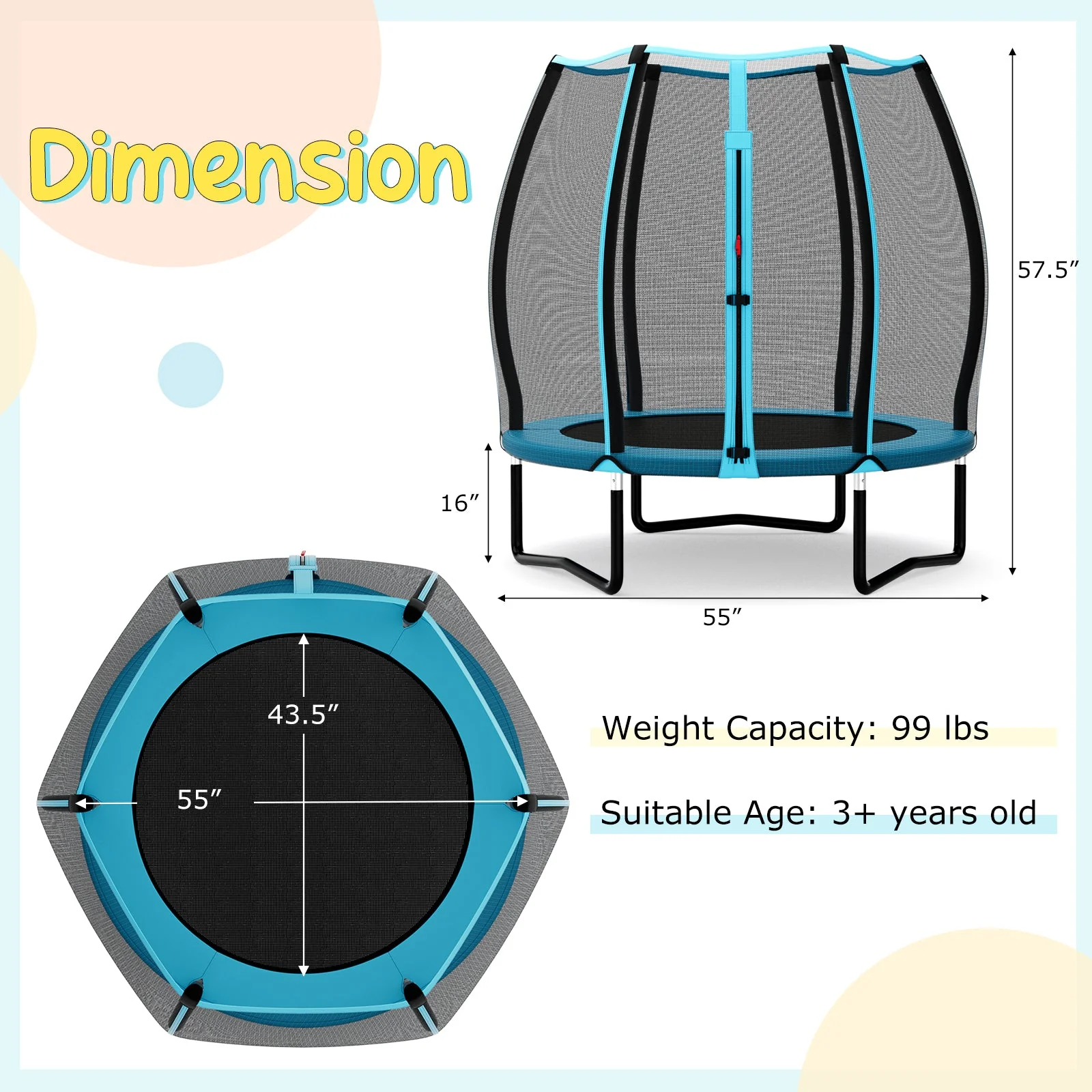 55 Inch Trampoline for Kids Toddler Mini Trampoline with Safety Enclosure Net-Blue - Image 4
