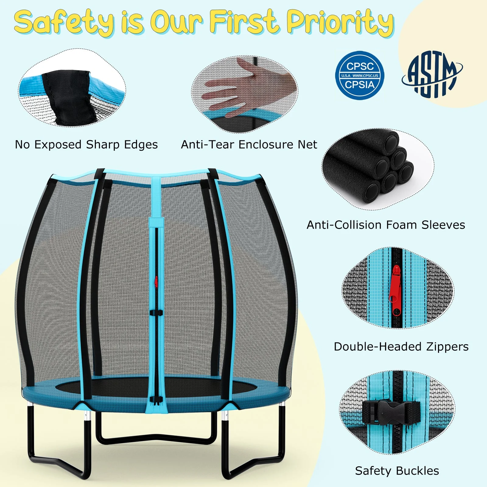 55 Inch Trampoline for Kids Toddler Mini Trampoline with Safety Enclosure Net-Blue - Image 6