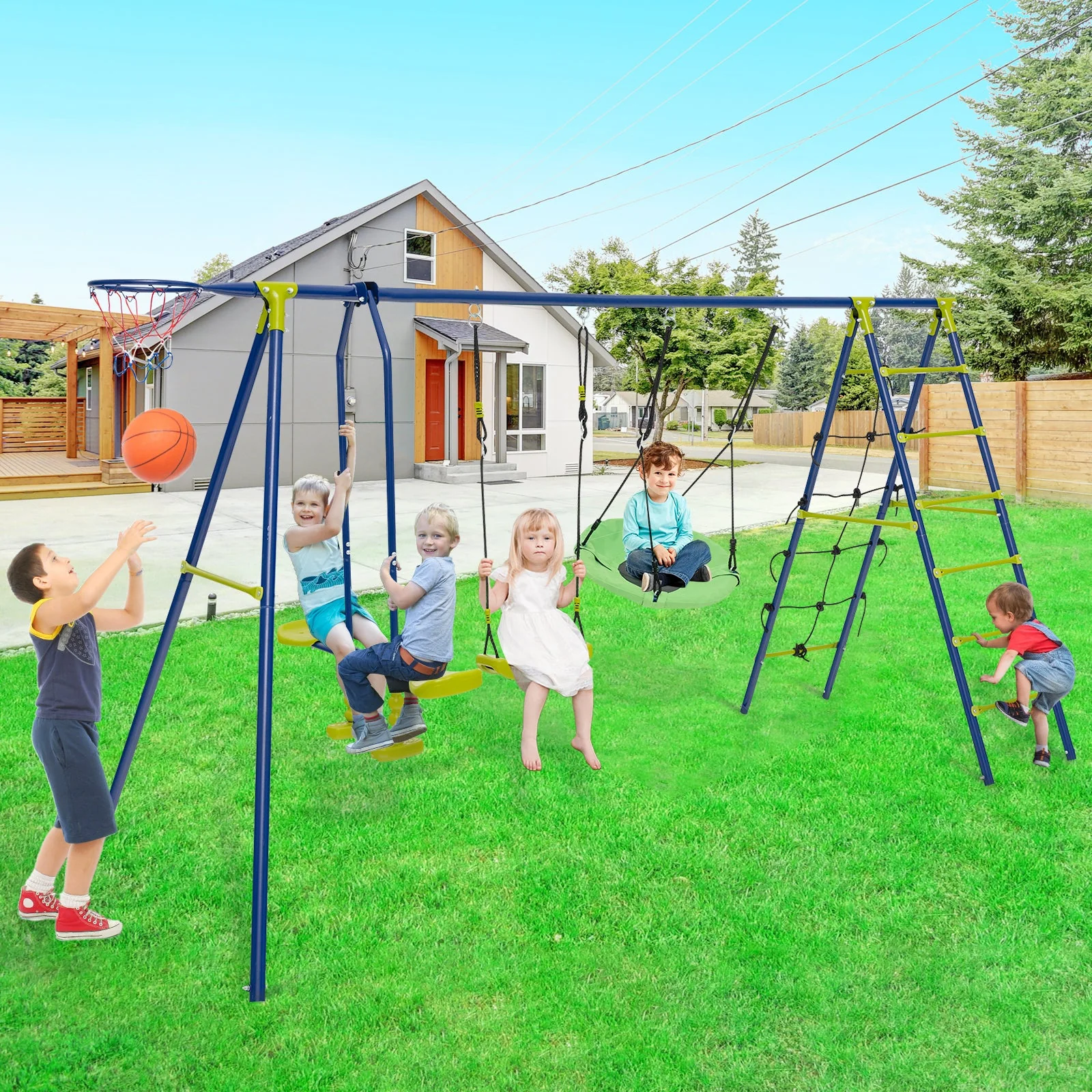 550 LBS 6-in-1 Patio Kids Swing Set with Climbing Net and Ladder-Green - Image 2