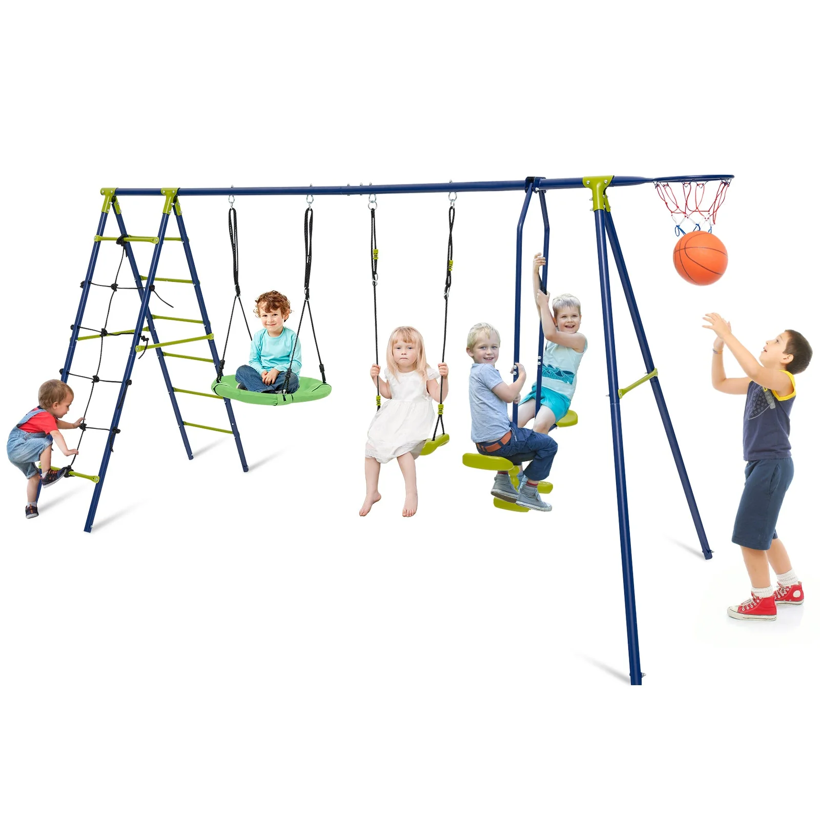 550 LBS 6-in-1 Patio Kids Swing Set with Climbing Net and Ladder-Green - Image 3