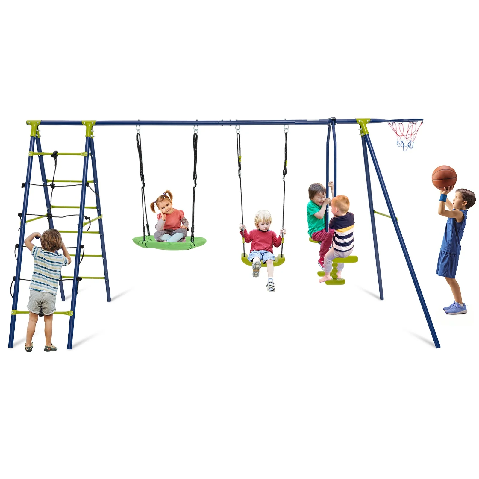 550 LBS 6-in-1 Patio Kids Swing Set with Climbing Net and Ladder-Green - Image 4