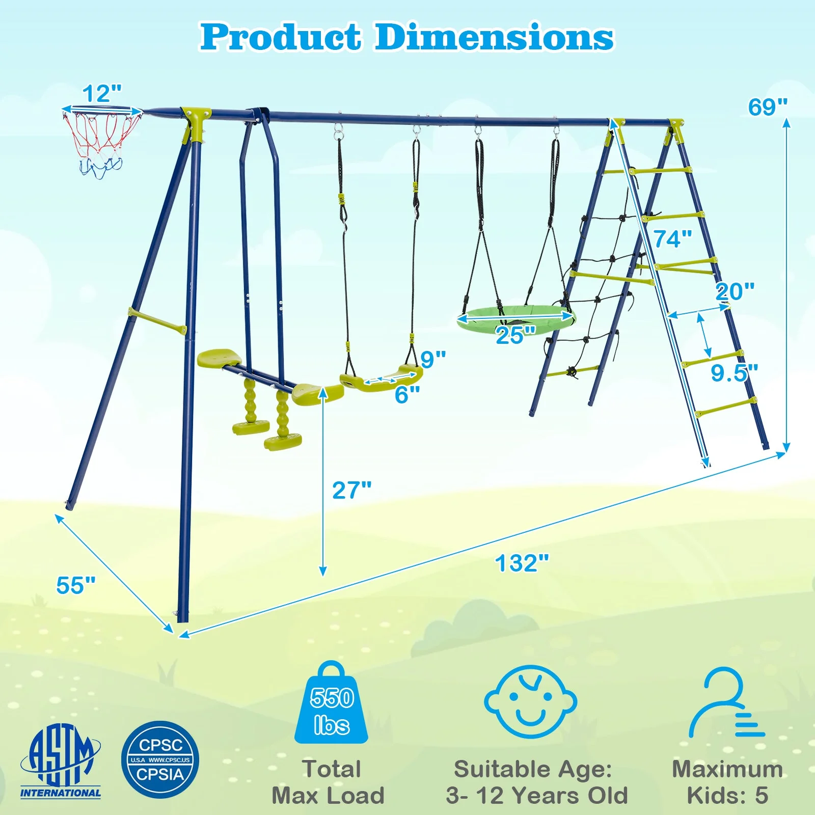 550 LBS 6-in-1 Patio Kids Swing Set with Climbing Net and Ladder-Green - Image 5