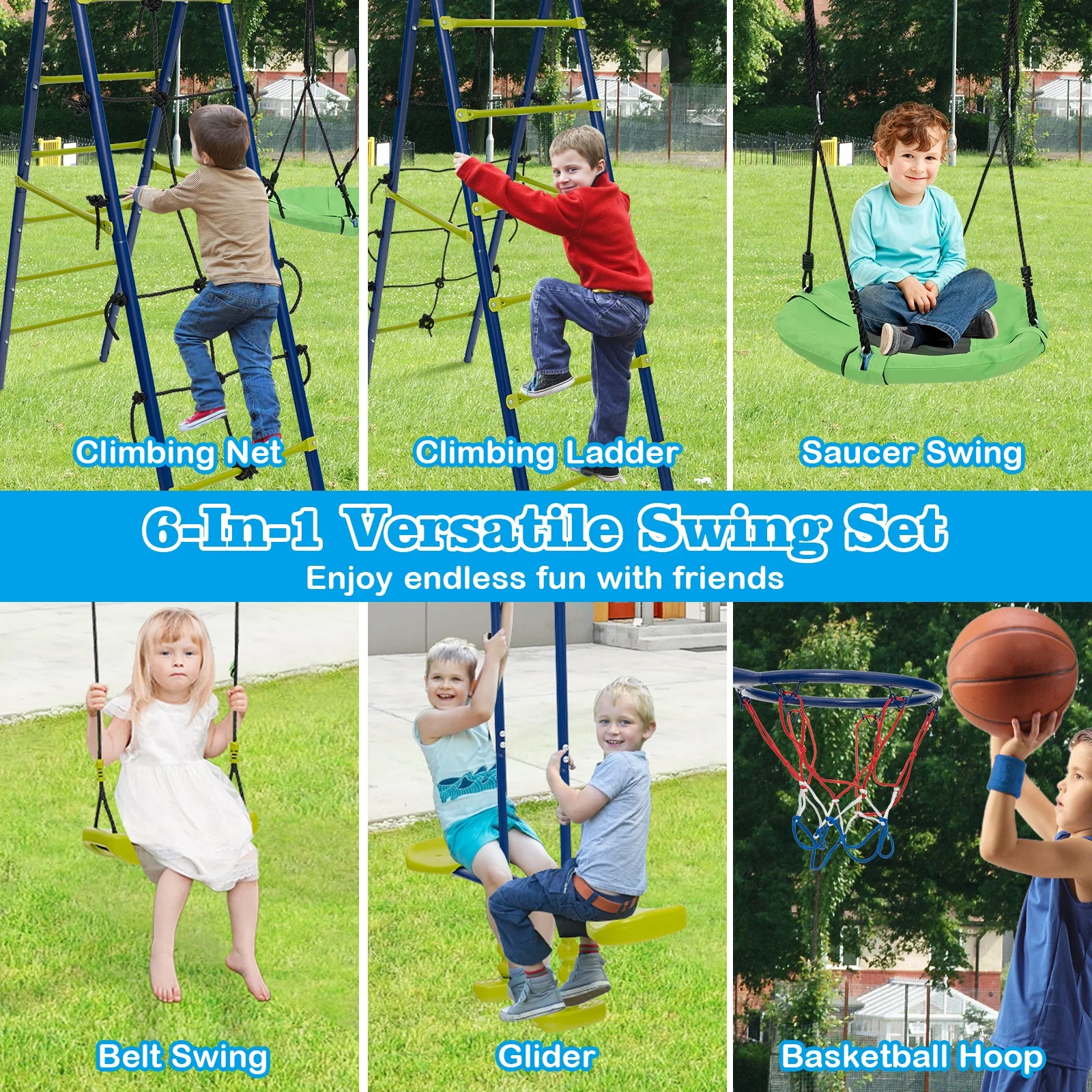 550 LBS 6-in-1 Patio Kids Swing Set with Climbing Net and Ladder-Green - Image 6
