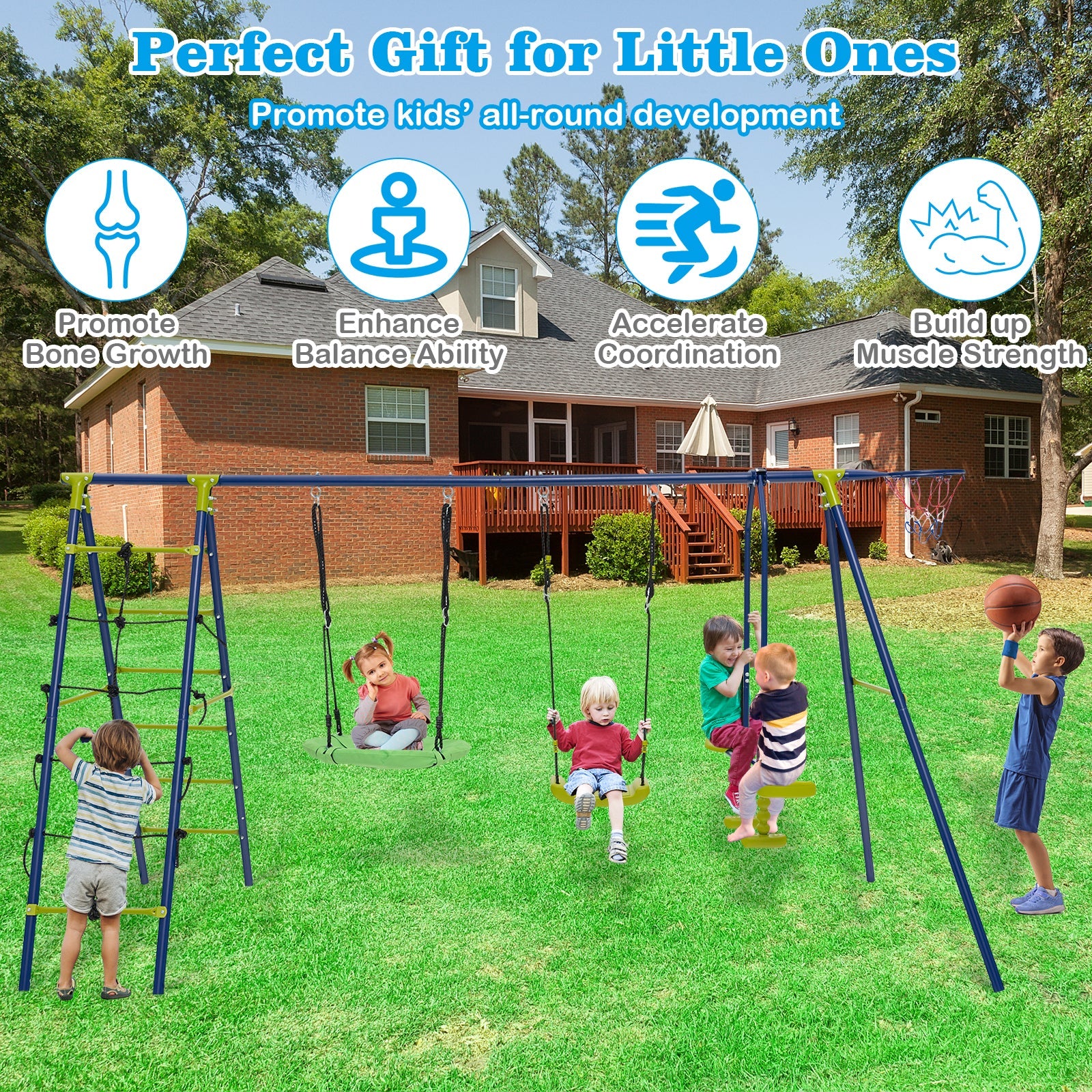 550 LBS 6-in-1 Patio Kids Swing Set with Climbing Net and Ladder-Green - Image 8