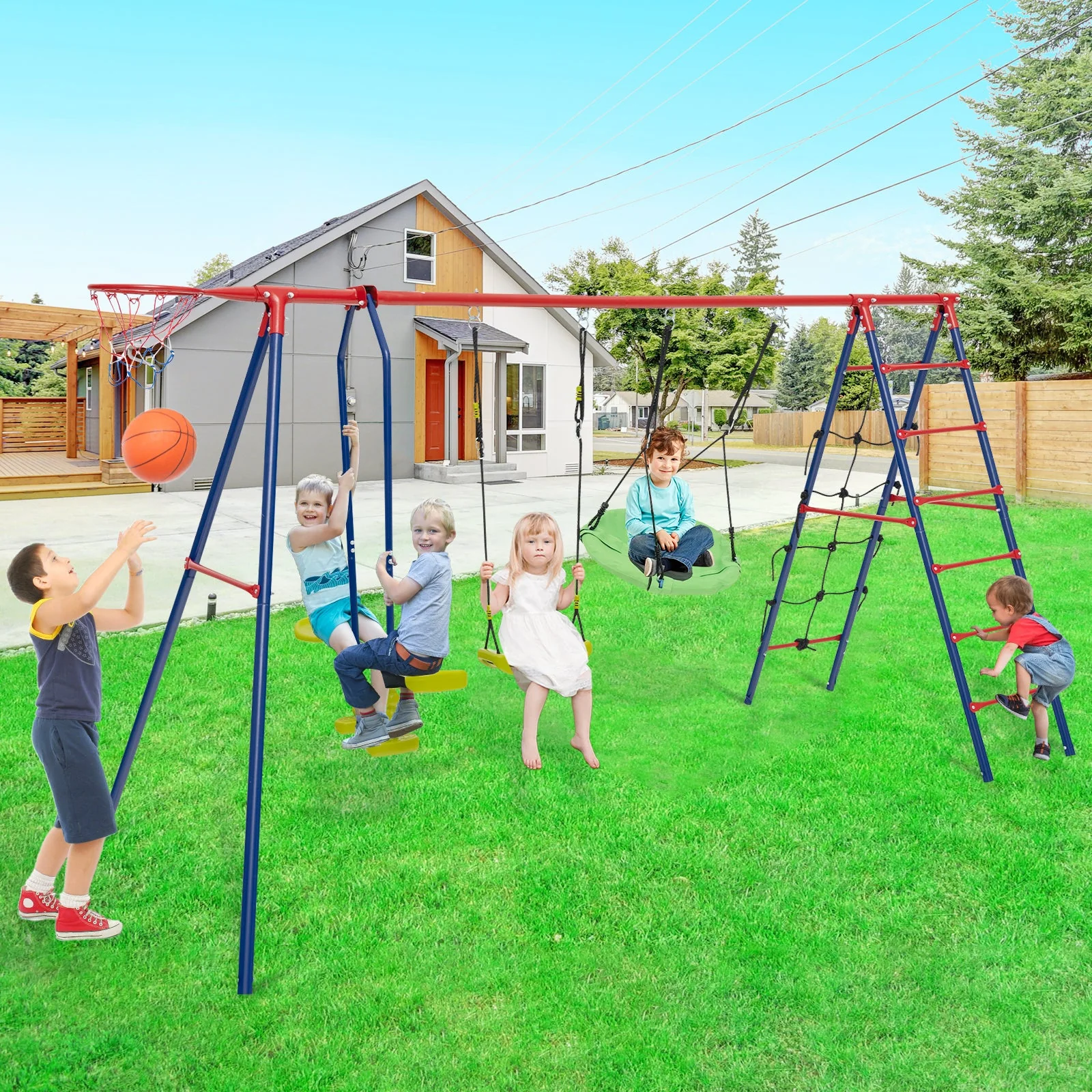550 LBS 6-in-1 Patio Kids Swing Set with Climbing Net and Ladder-Red - Image 2