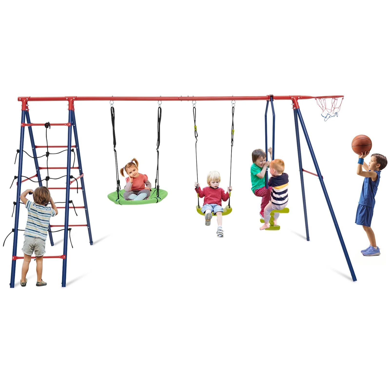 550 LBS 6-in-1 Patio Kids Swing Set with Climbing Net and Ladder-Red - Image 3