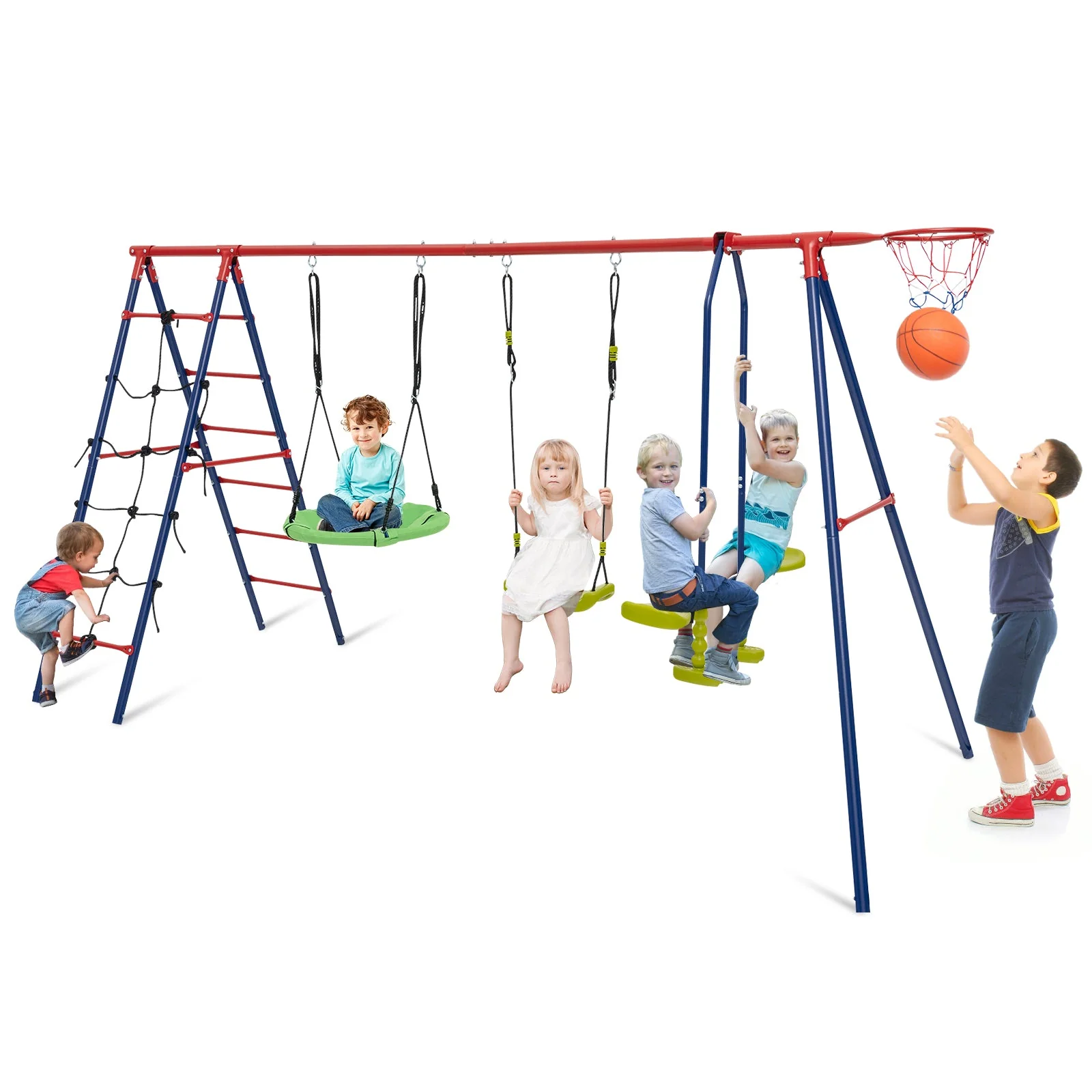 550 LBS 6-in-1 Patio Kids Swing Set with Climbing Net and Ladder-Red - Image 4