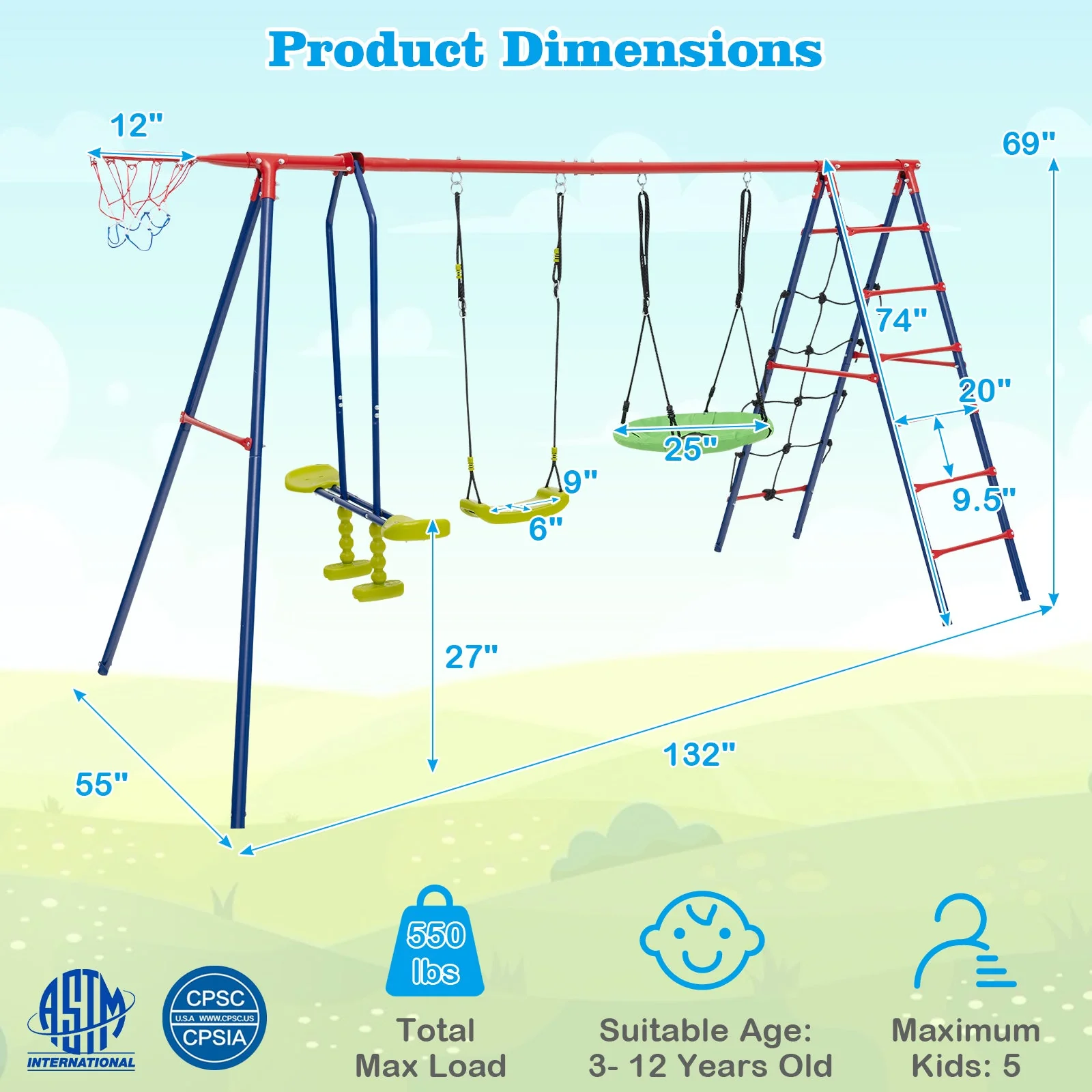 550 LBS 6-in-1 Patio Kids Swing Set with Climbing Net and Ladder-Red - Image 5