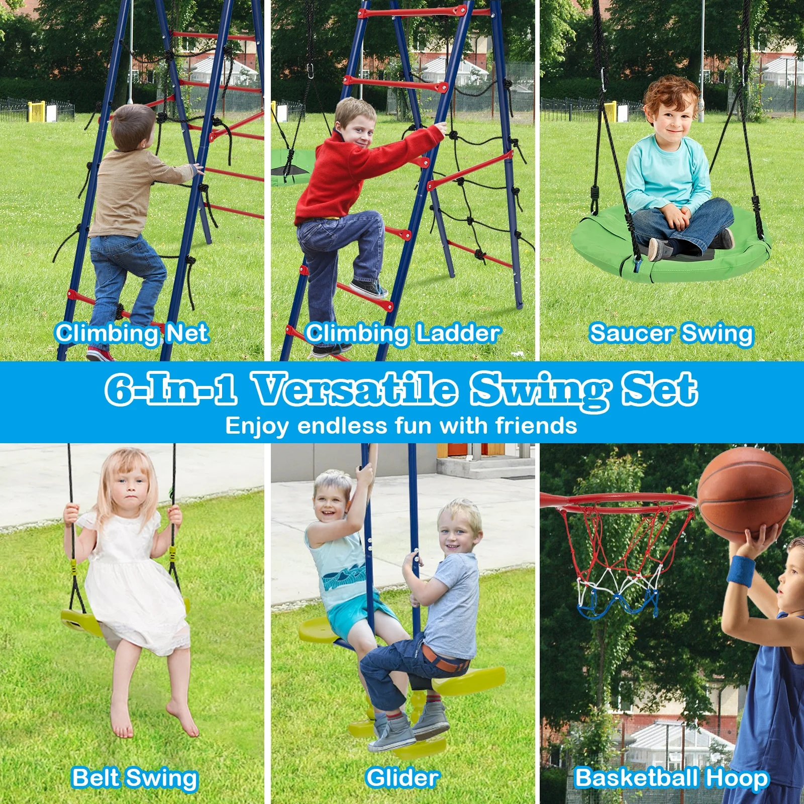 550 LBS 6-in-1 Patio Kids Swing Set with Climbing Net and Ladder-Red - Image 6