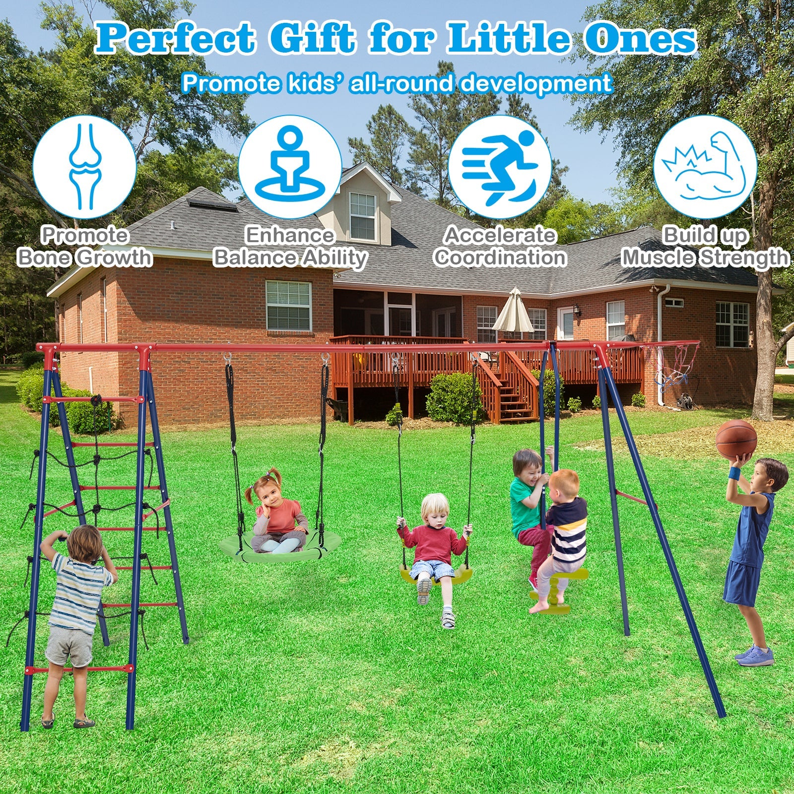550 LBS 6-in-1 Patio Kids Swing Set with Climbing Net and Ladder-Red - Image 8