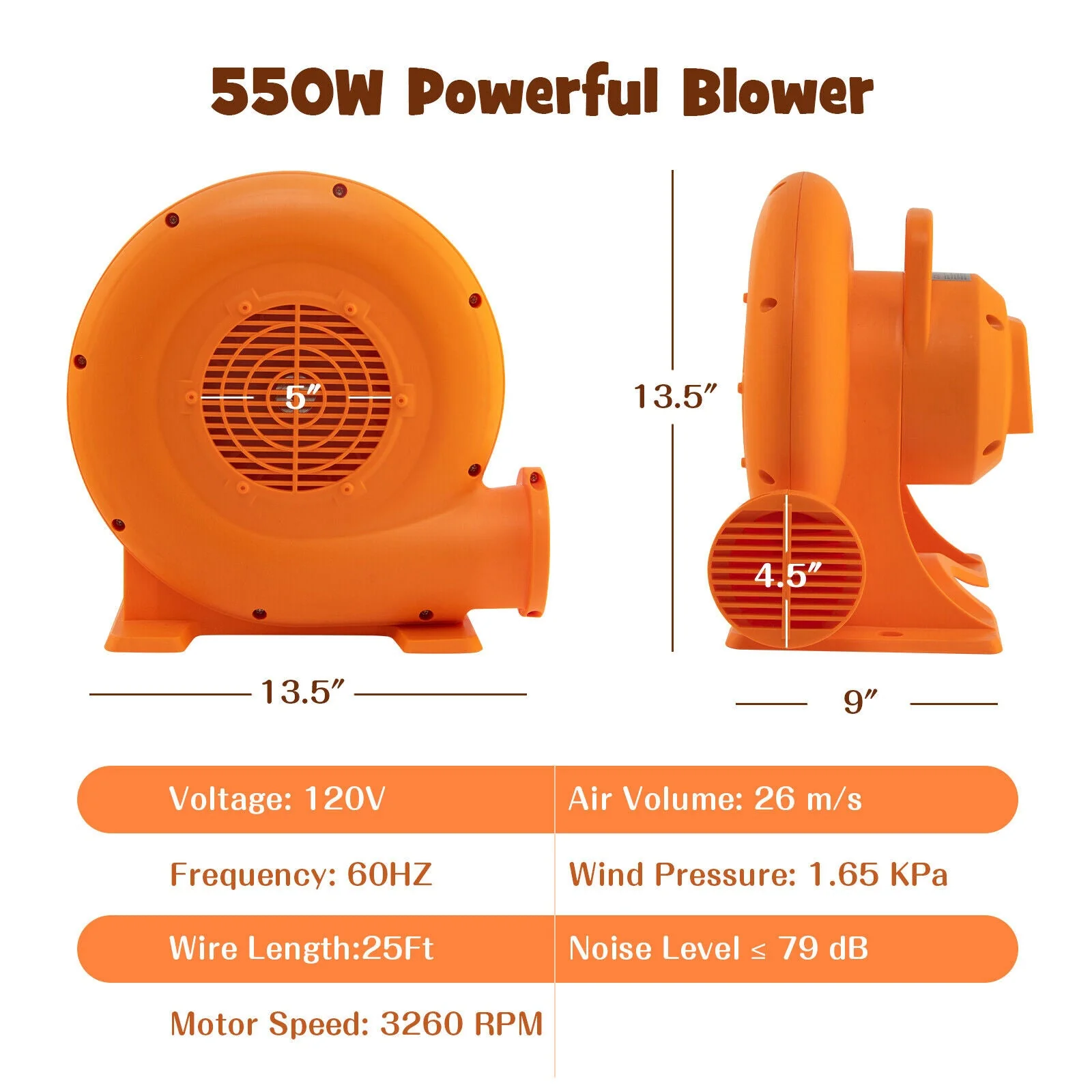 550W Air Blower (0.7HP) for Inflatables with 25 feet Wire and GFCI Plug - Image 4