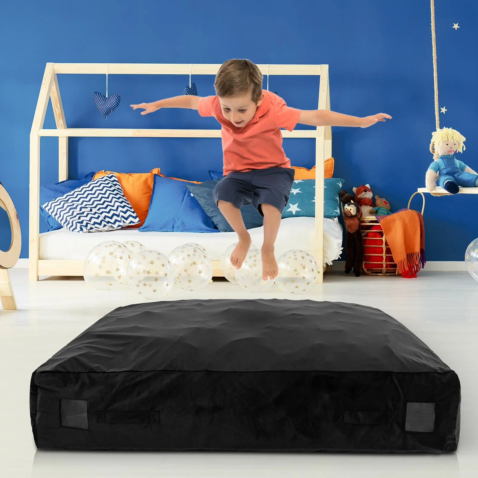 57 x 57 Inch Crash Pad Sensory Mat with Foam Blocks and Washable Velvet Cover-Black - Image 2