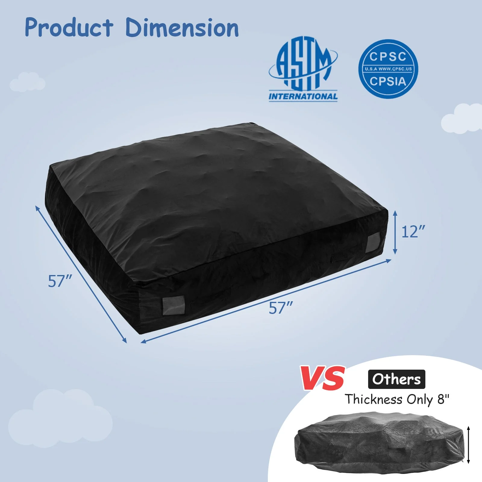 57 x 57 Inch Crash Pad Sensory Mat with Foam Blocks and Washable Velvet Cover-Black - Image 5