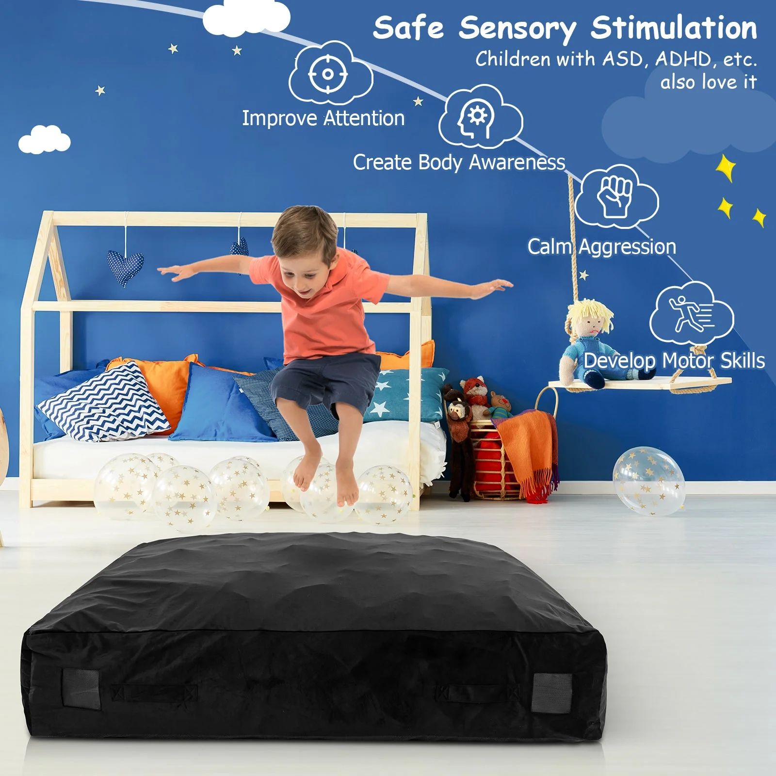 57 x 57 Inch Crash Pad Sensory Mat with Foam Blocks and Washable Velvet Cover-Black - Image 7