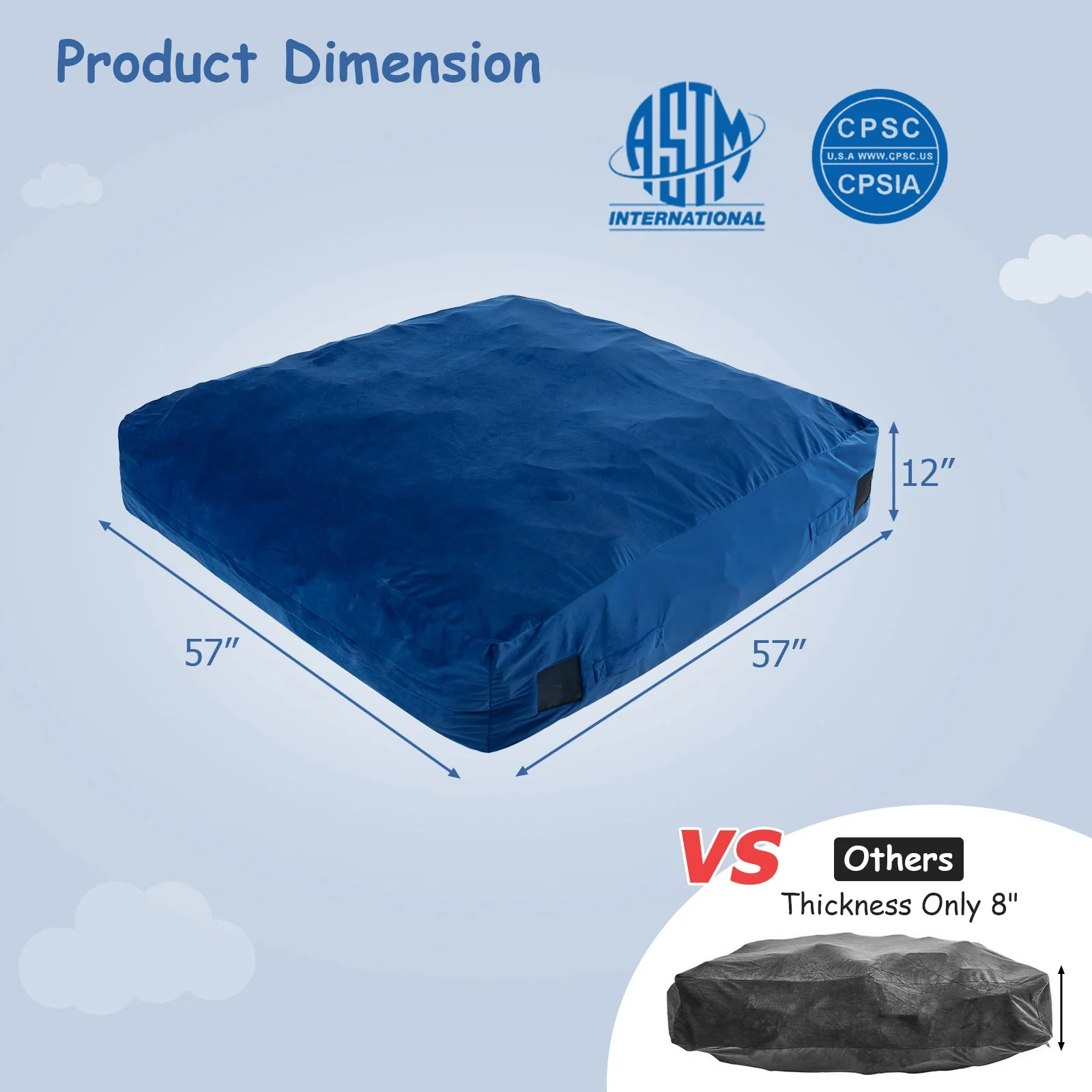 57 x 57 Inch Crash Pad Sensory Mat with Foam Blocks and Washable Velvet Cover-Blue - Image 5