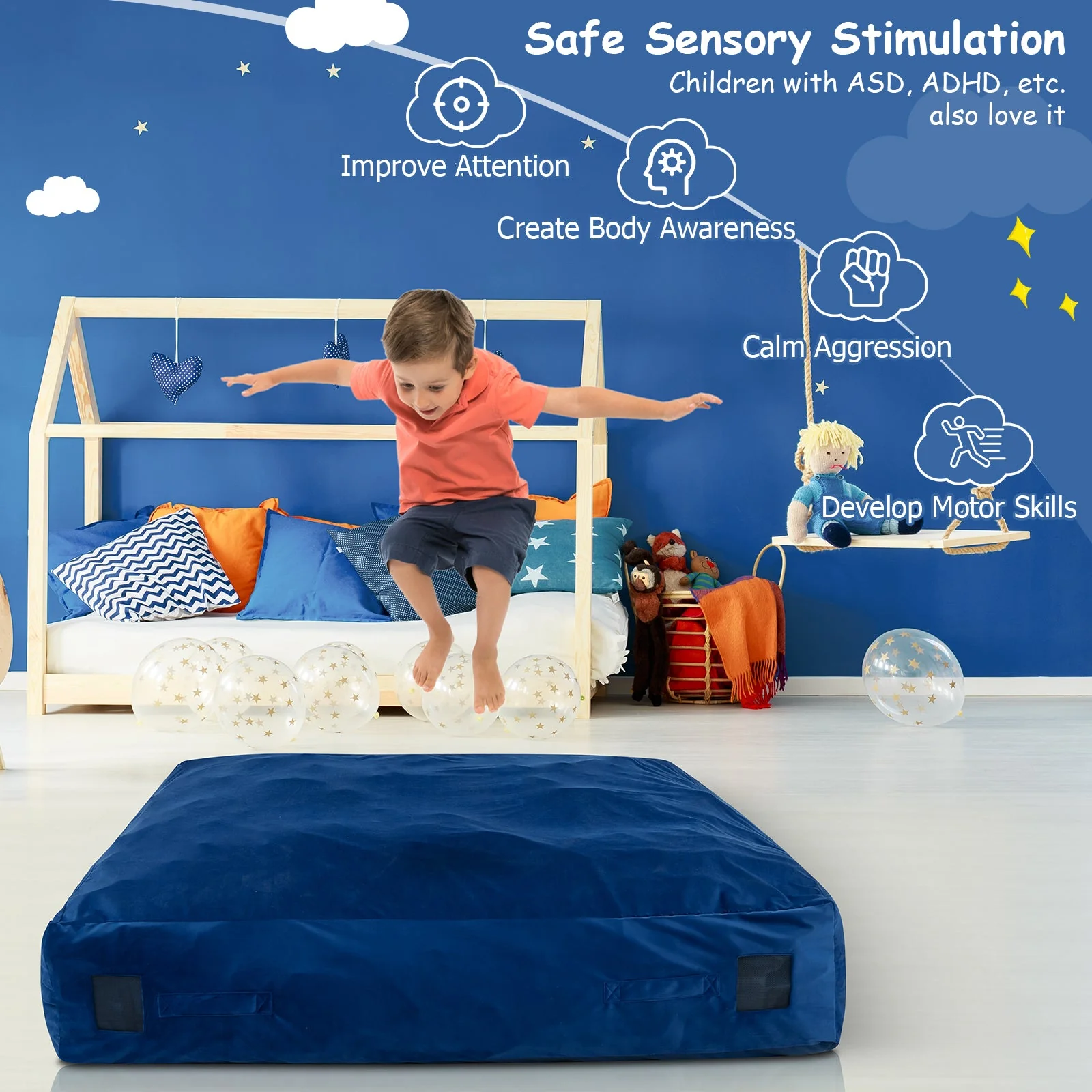 57 x 57 Inch Crash Pad Sensory Mat with Foam Blocks and Washable Velvet Cover-Blue - Image 6