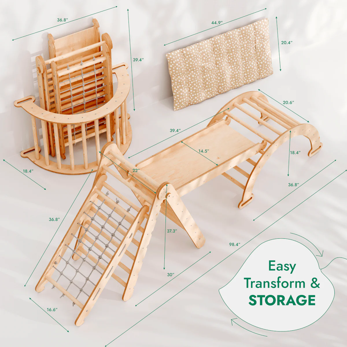 5in1 Montessori Climbing Set: Triangle Ladder + Arch/Rocker + Slide Board/Ramp + Netting rope + Cushion - Image 2