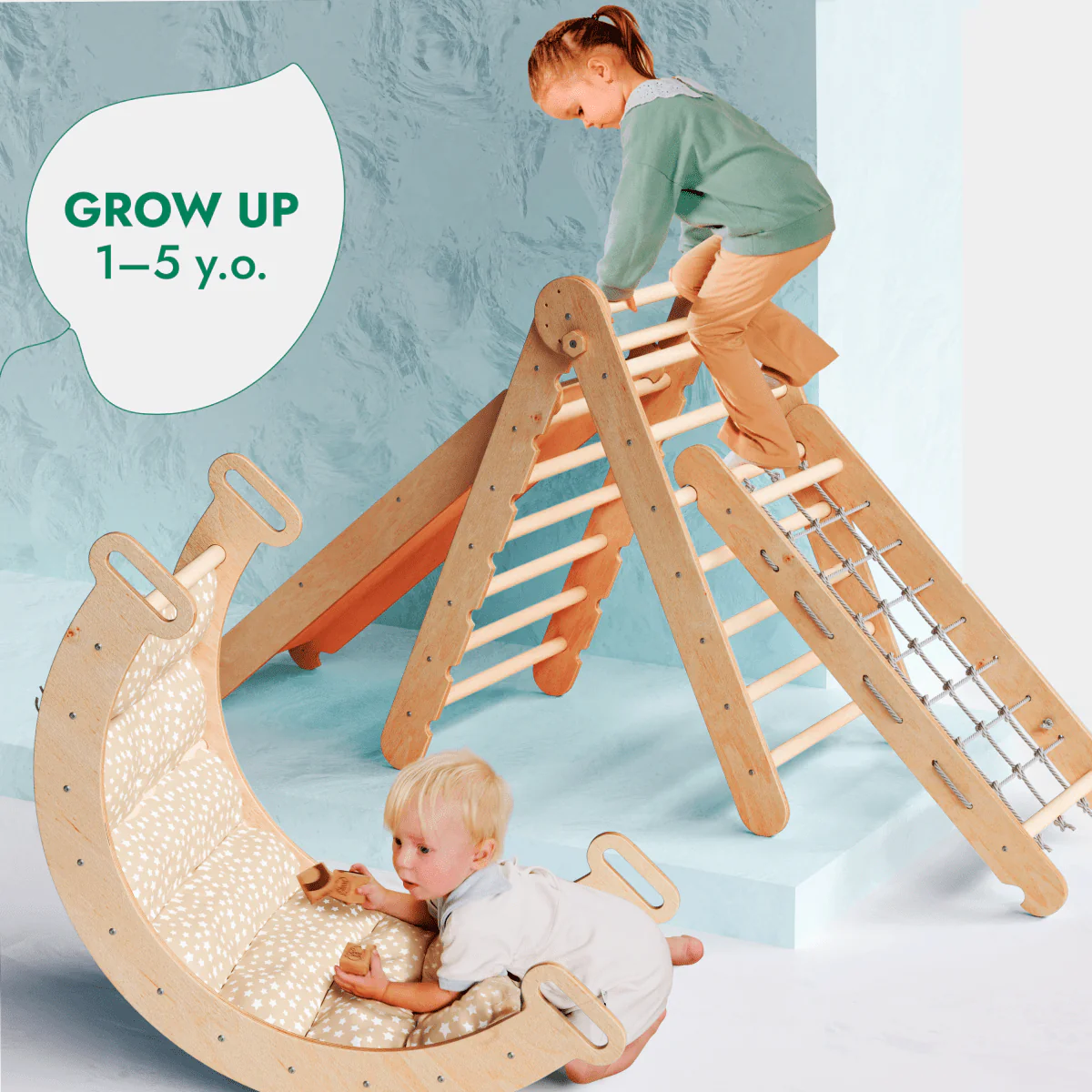 5in1 Montessori Climbing Set: Triangle Ladder + Arch/Rocker + Slide Board/Ramp + Netting rope + Cushion - Image 9