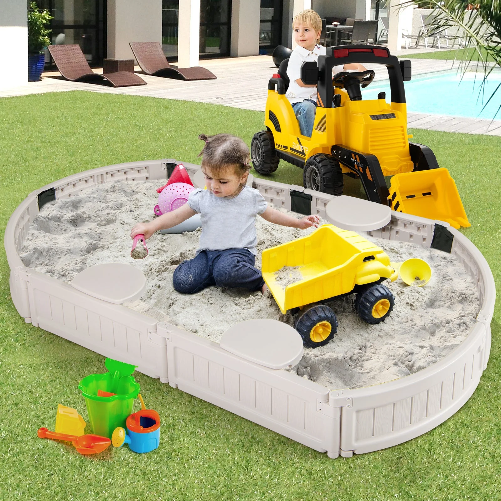 6 Feet Kids Oval Sandbox with Built-in Corner Seat and Bottom Liner-White - Image 2
