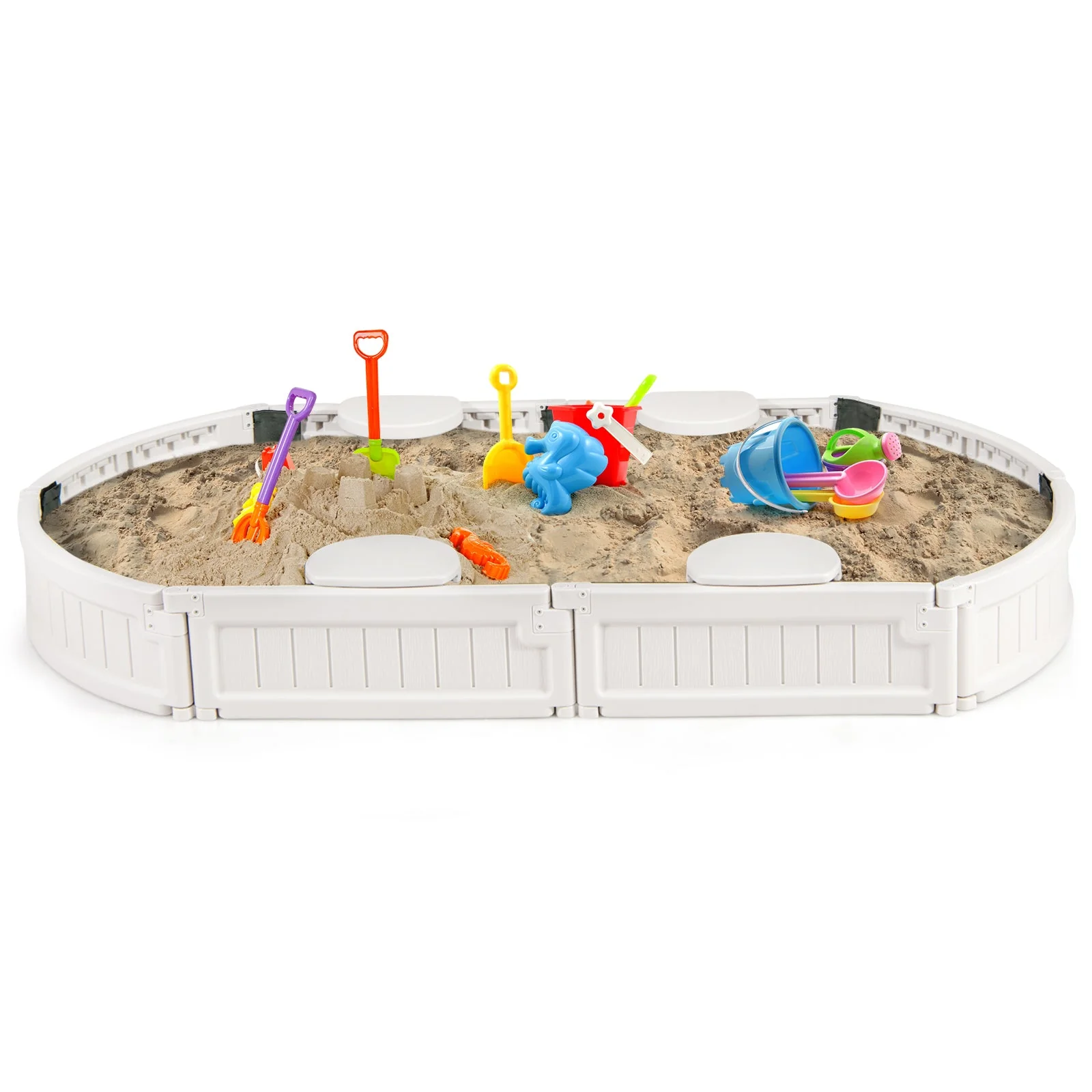 6 Feet Kids Oval Sandbox with Built-in Corner Seat and Bottom Liner-White - Image 3