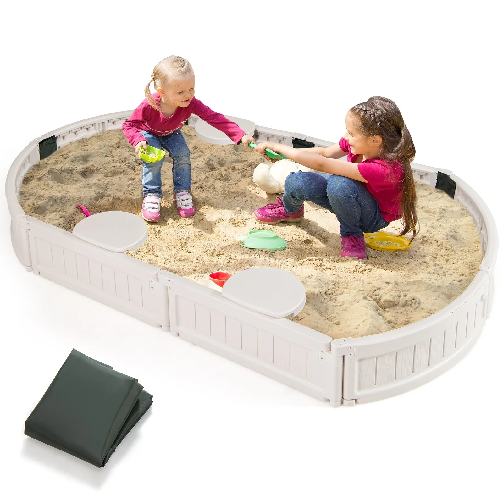 6 Feet Kids Oval Sandbox with Built-in Corner Seat and Bottom Liner-White - Image 4