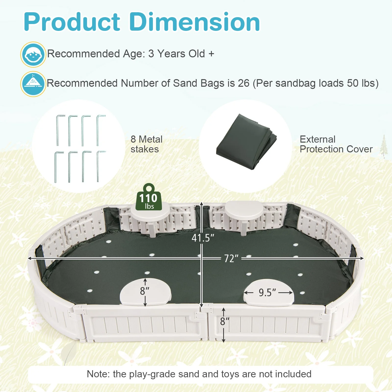 6 Feet Kids Oval Sandbox with Built-in Corner Seat and Bottom Liner-White - Image 5