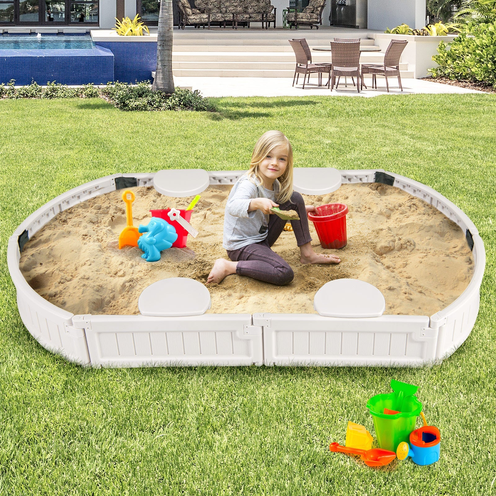 6 Feet Kids Oval Sandbox with Built-in Corner Seat and Bottom Liner-White - Image 6