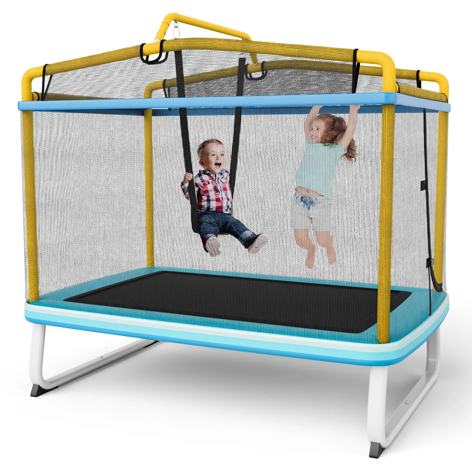 6 Feet Rectangle Trampoline with Swing Horizontal Bar and Safety Net-Yellow - Image 2
