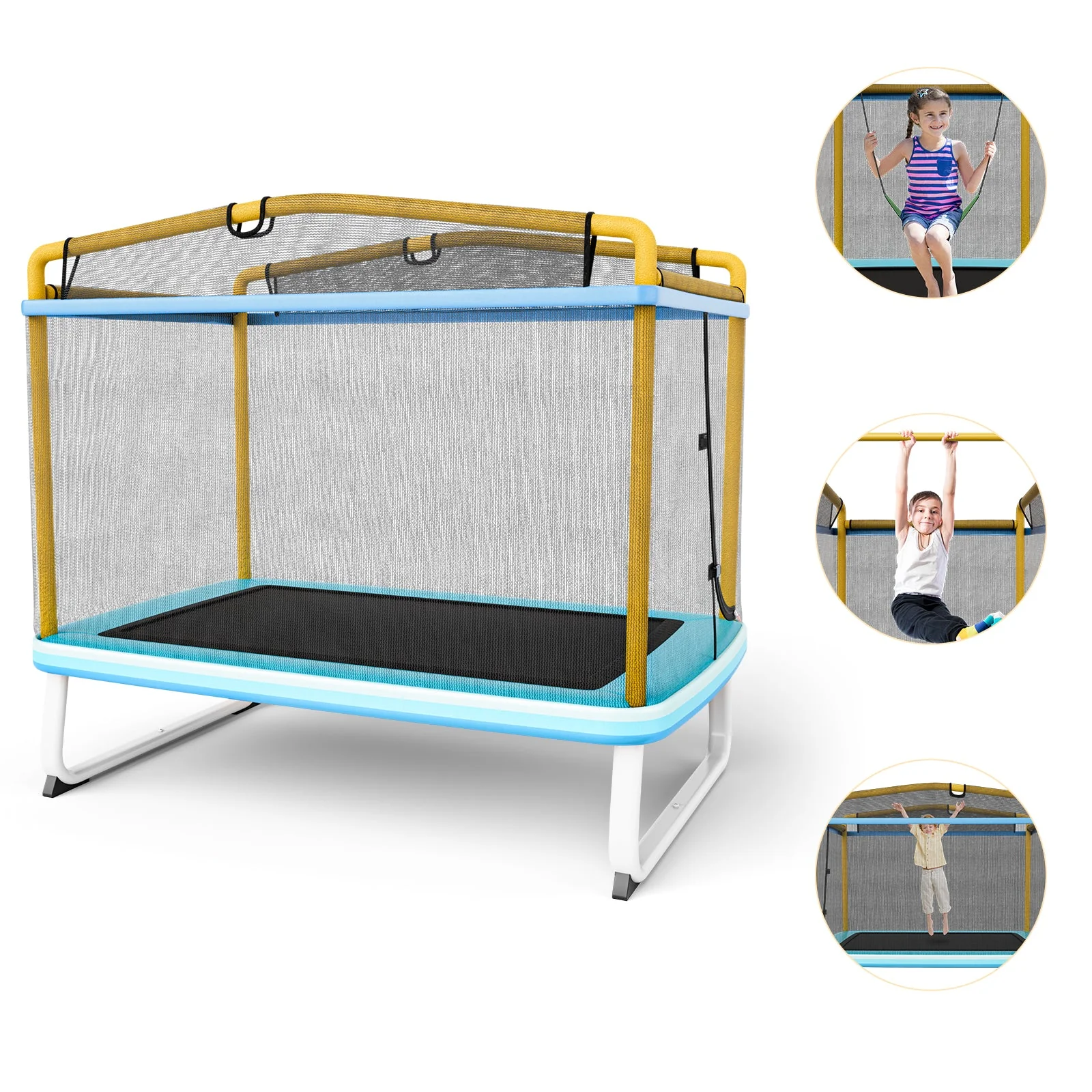 6 Feet Rectangle Trampoline with Swing Horizontal Bar and Safety Net-Yellow - Image 3