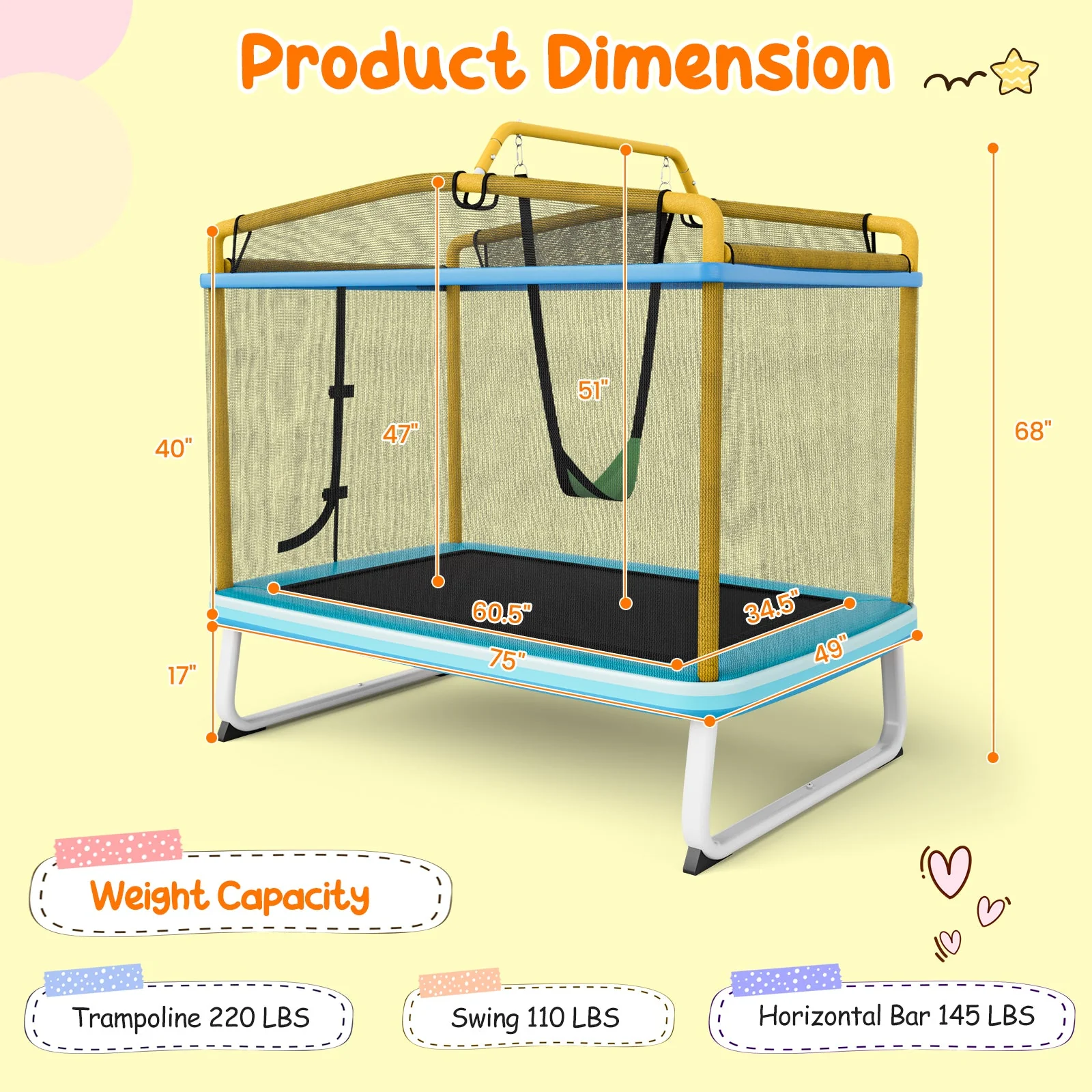 6 Feet Rectangle Trampoline with Swing Horizontal Bar and Safety Net-Yellow - Image 4