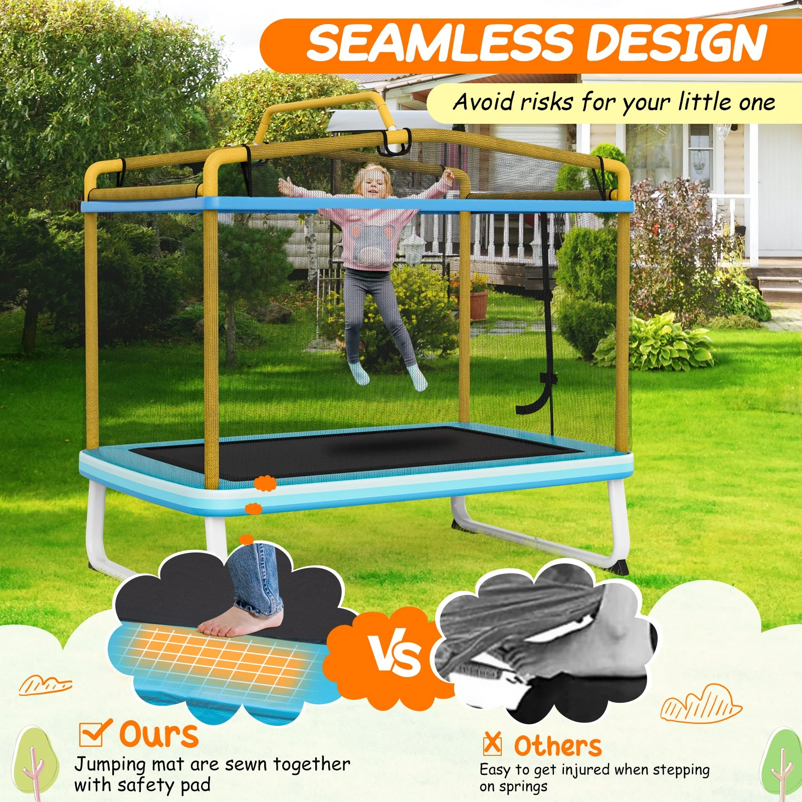 6 Feet Rectangle Trampoline with Swing Horizontal Bar and Safety Net-Yellow - Image 5