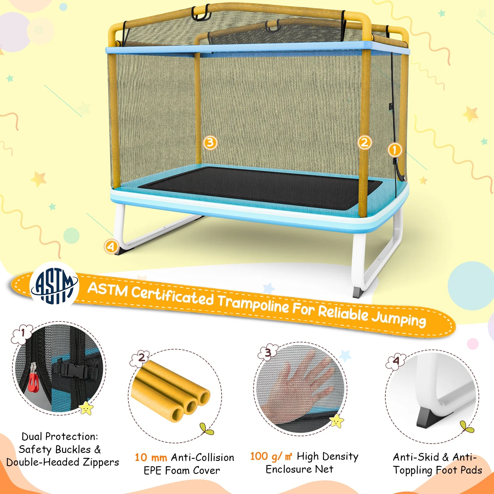 6 Feet Rectangle Trampoline with Swing Horizontal Bar and Safety Net-Yellow - Image 6