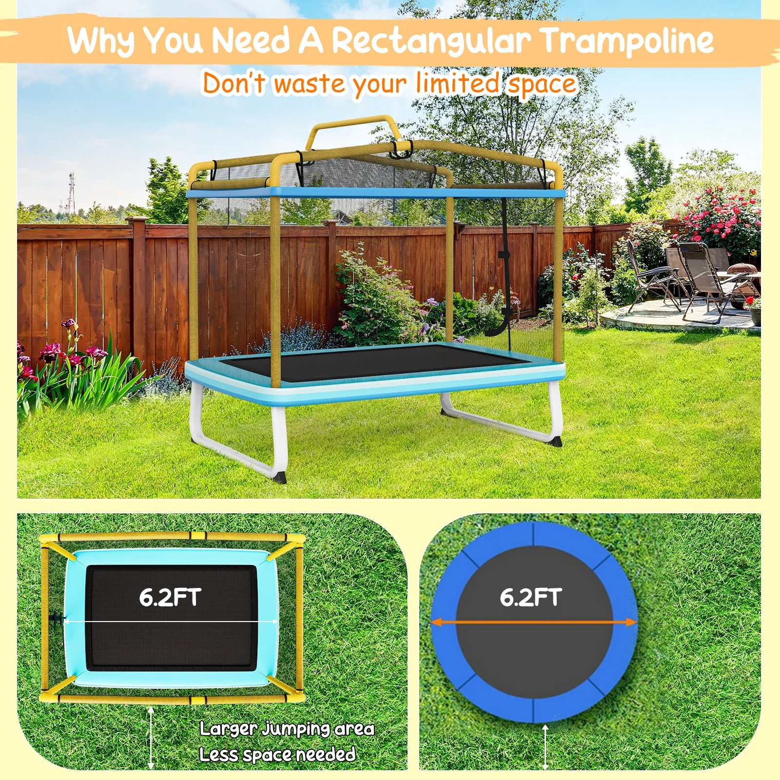 6 Feet Rectangle Trampoline with Swing Horizontal Bar and Safety Net-Yellow - Image 7