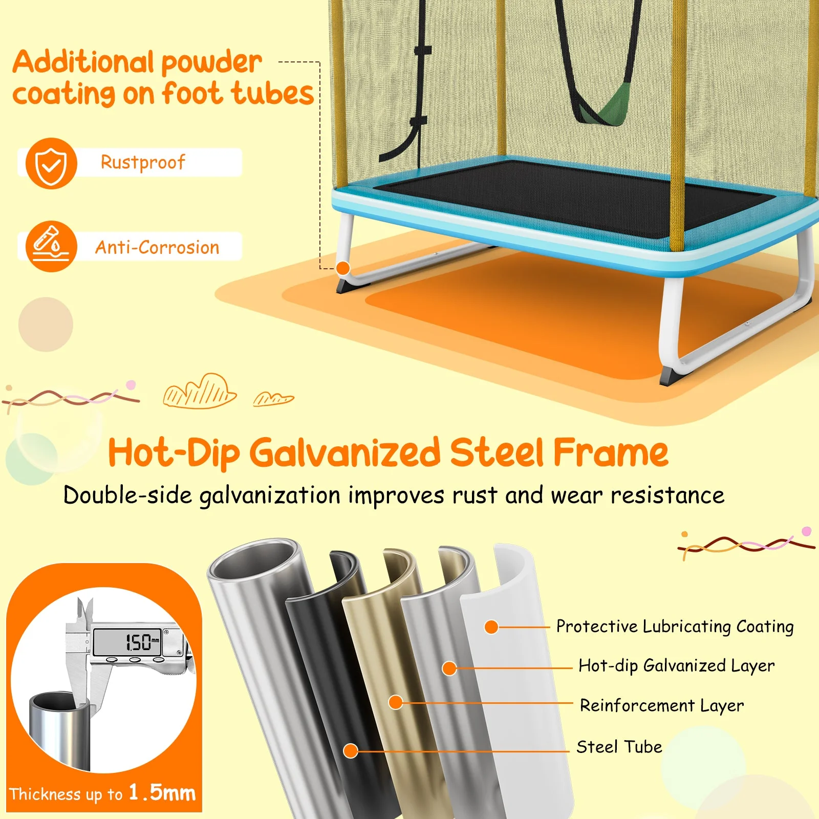 6 Feet Rectangle Trampoline with Swing Horizontal Bar and Safety Net-Yellow - Image 8
