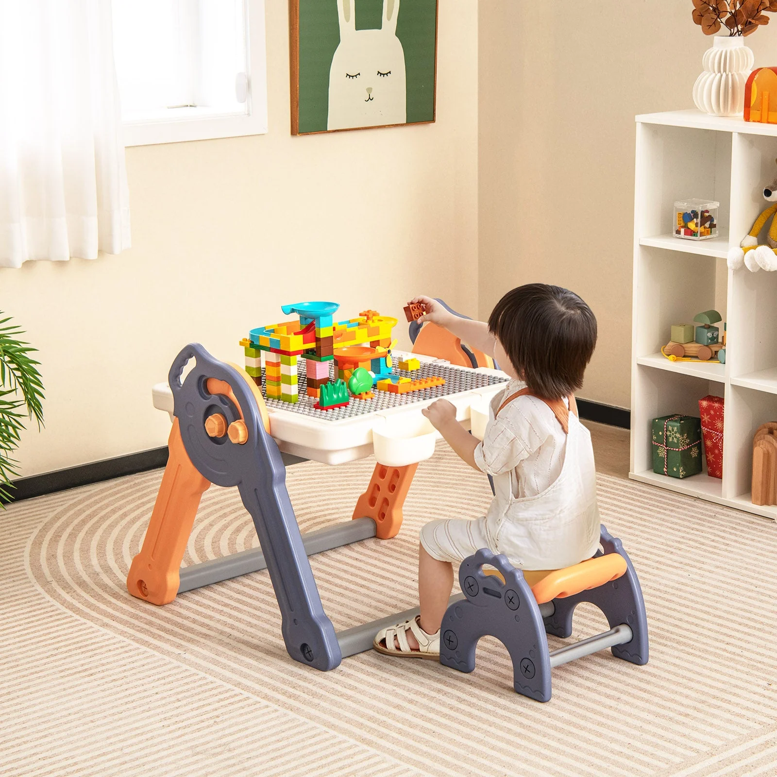 6-In-1 Folding Kids Art Easel with Reversible Building Block Tabletop - Image 2