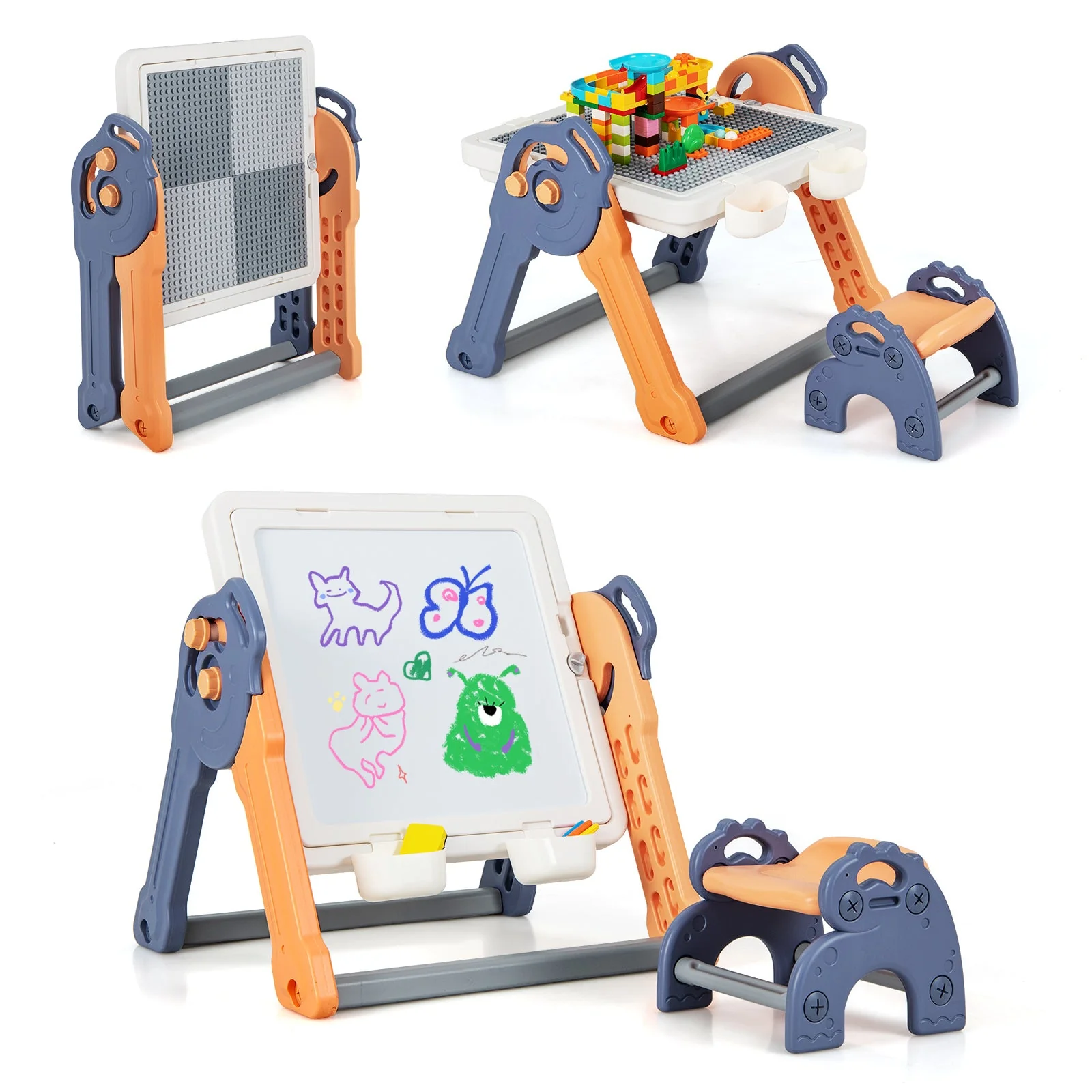 6-In-1 Folding Kids Art Easel with Reversible Building Block Tabletop - Image 3