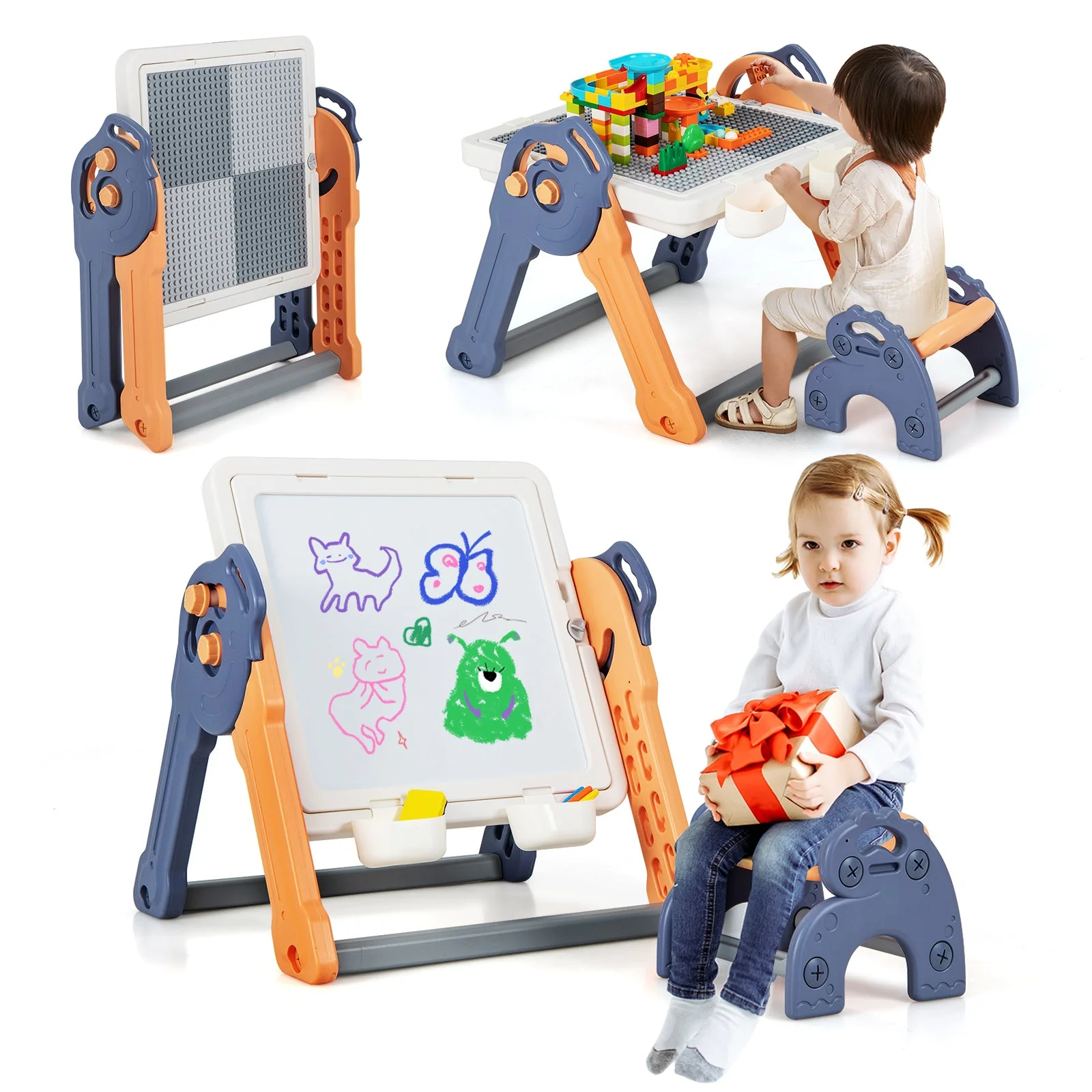 6-In-1 Folding Kids Art Easel with Reversible Building Block Tabletop - Image 4
