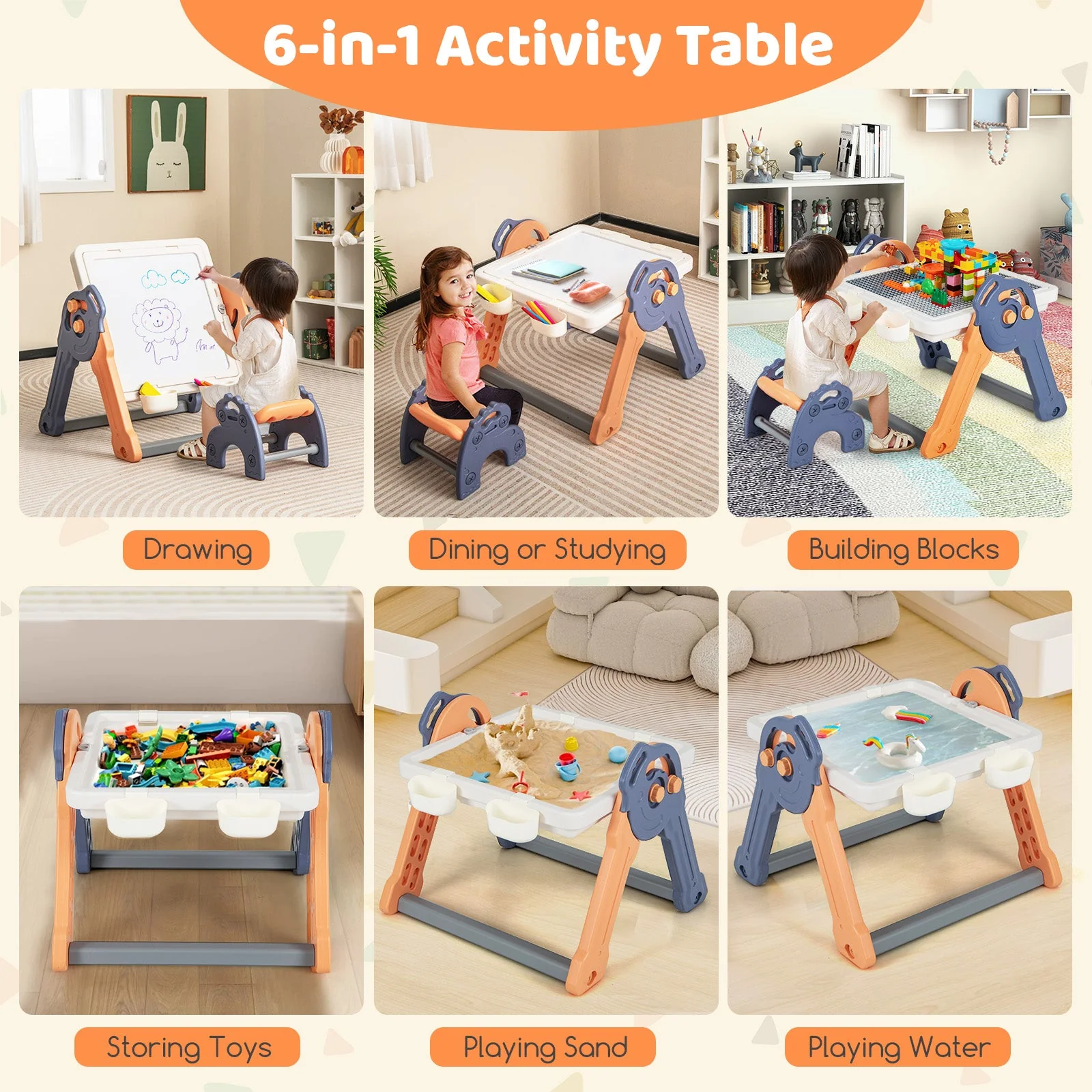 6-In-1 Folding Kids Art Easel with Reversible Building Block Tabletop - Image 6