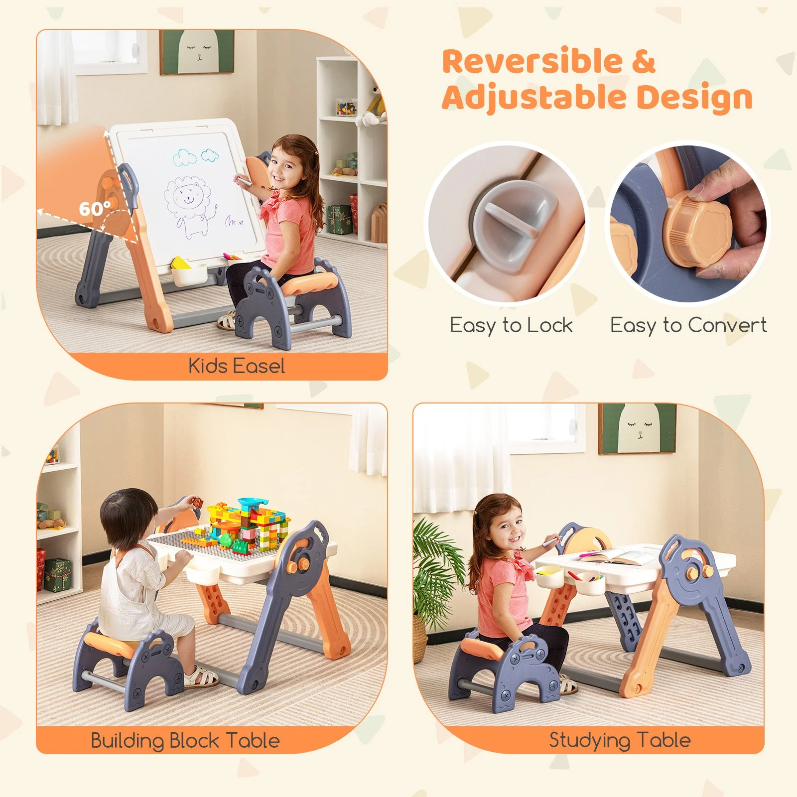 6-In-1 Folding Kids Art Easel with Reversible Building Block Tabletop - Image 7