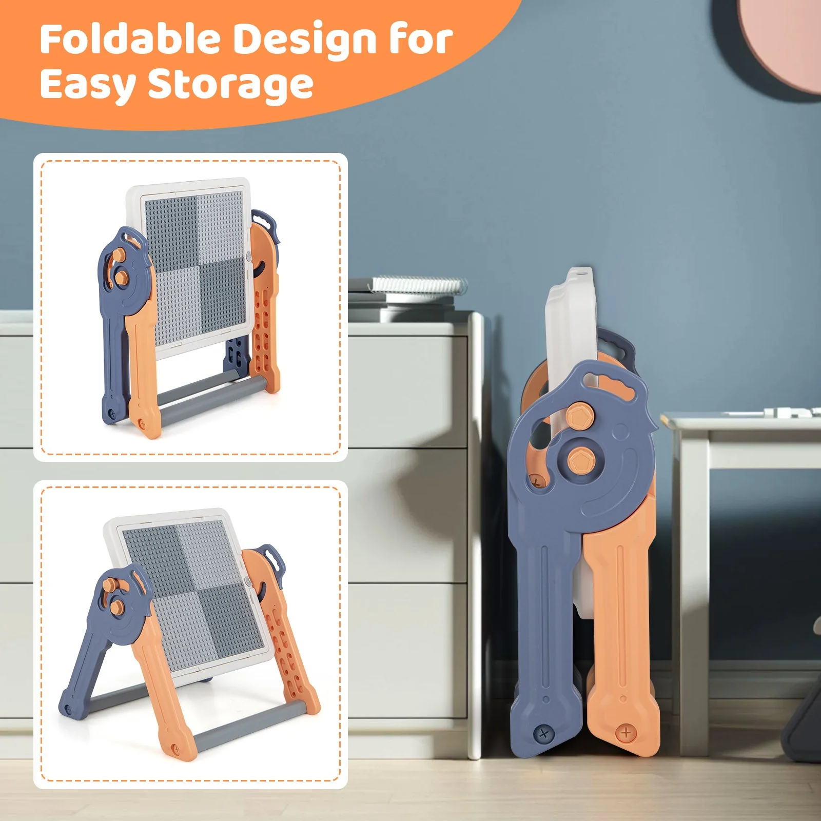 6-In-1 Folding Kids Art Easel with Reversible Building Block Tabletop - Image 8