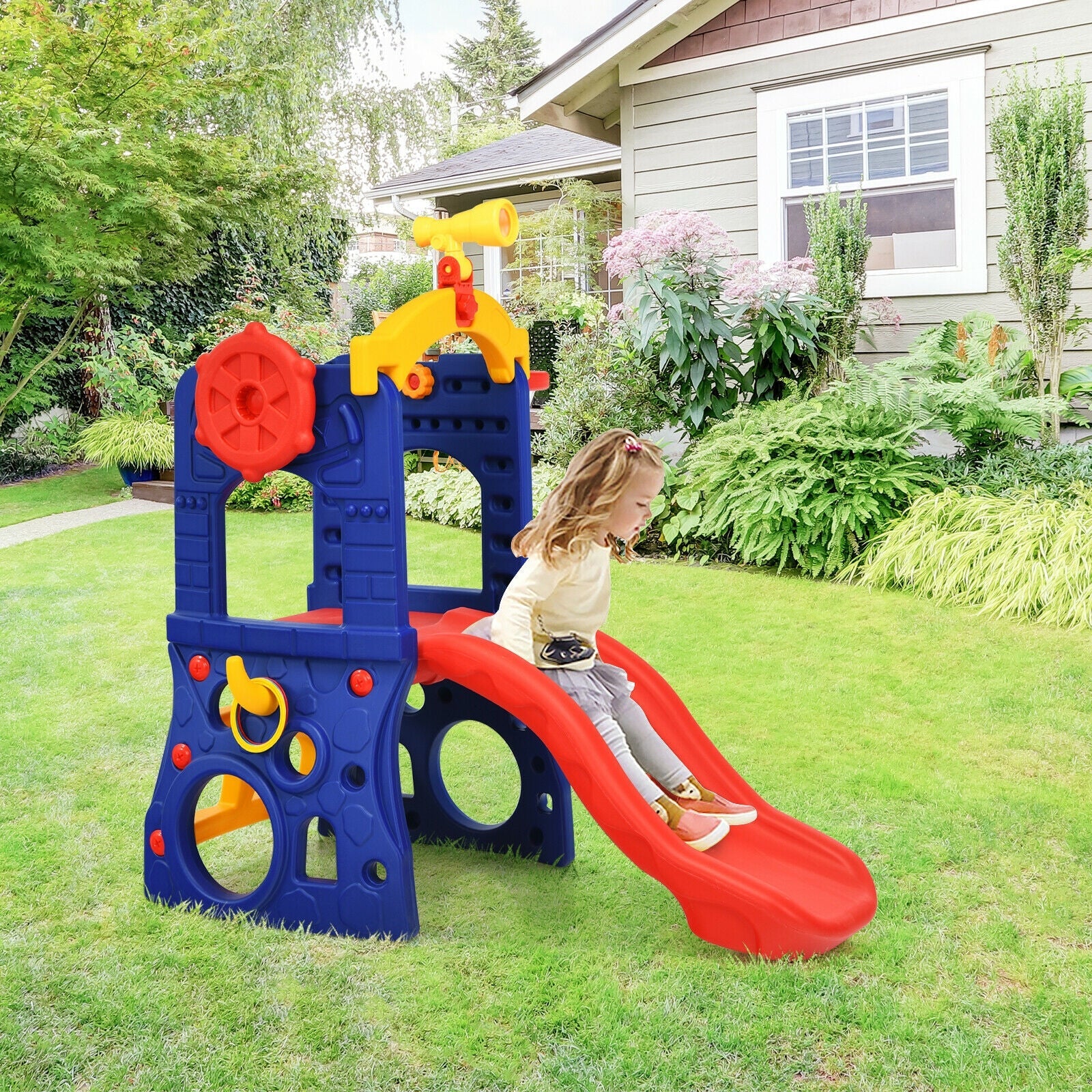 6-in-1 Freestanding Kids Slide with Basketball Hoop and Ring Toss - Image 2