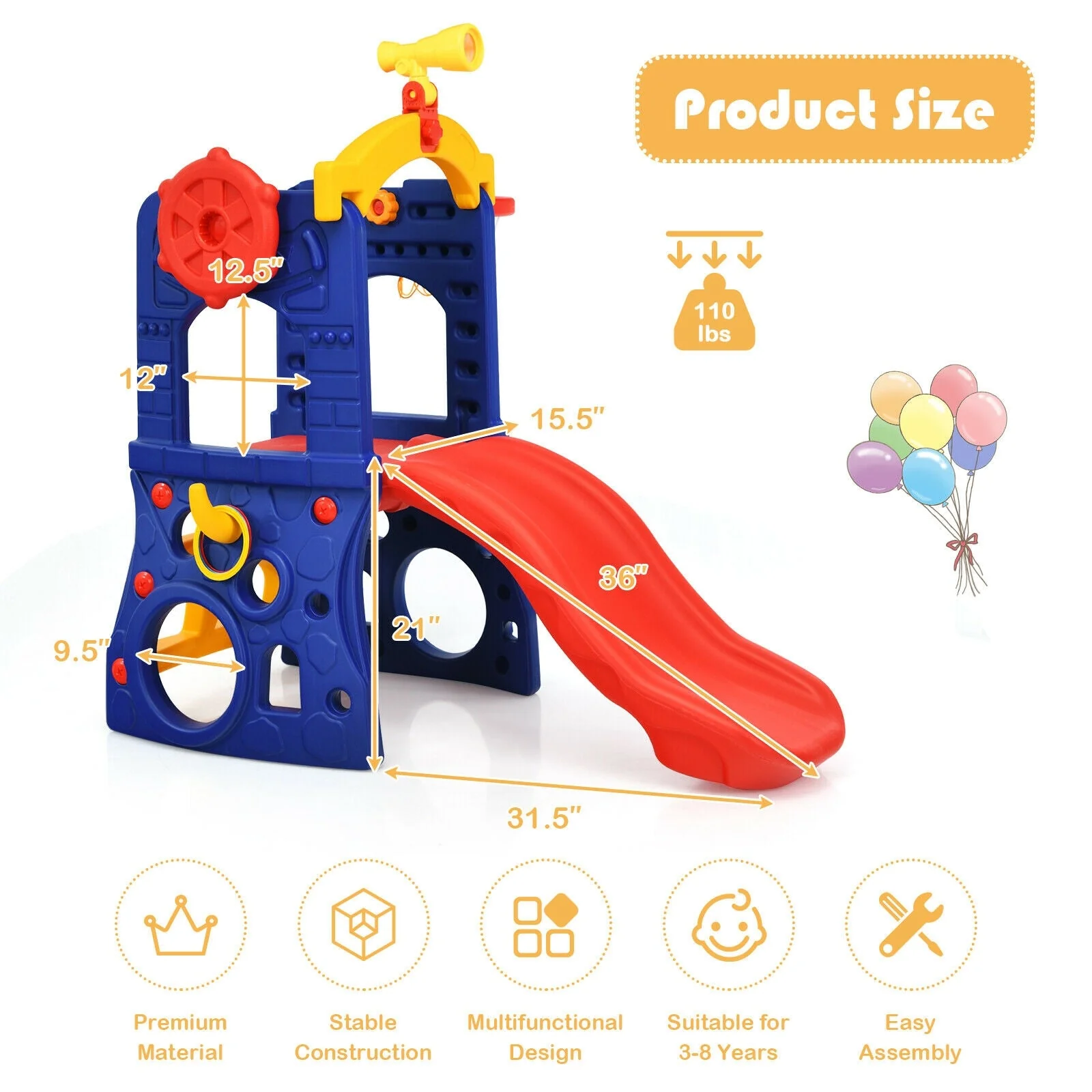 6-in-1 Freestanding Kids Slide with Basketball Hoop and Ring Toss - Image 5